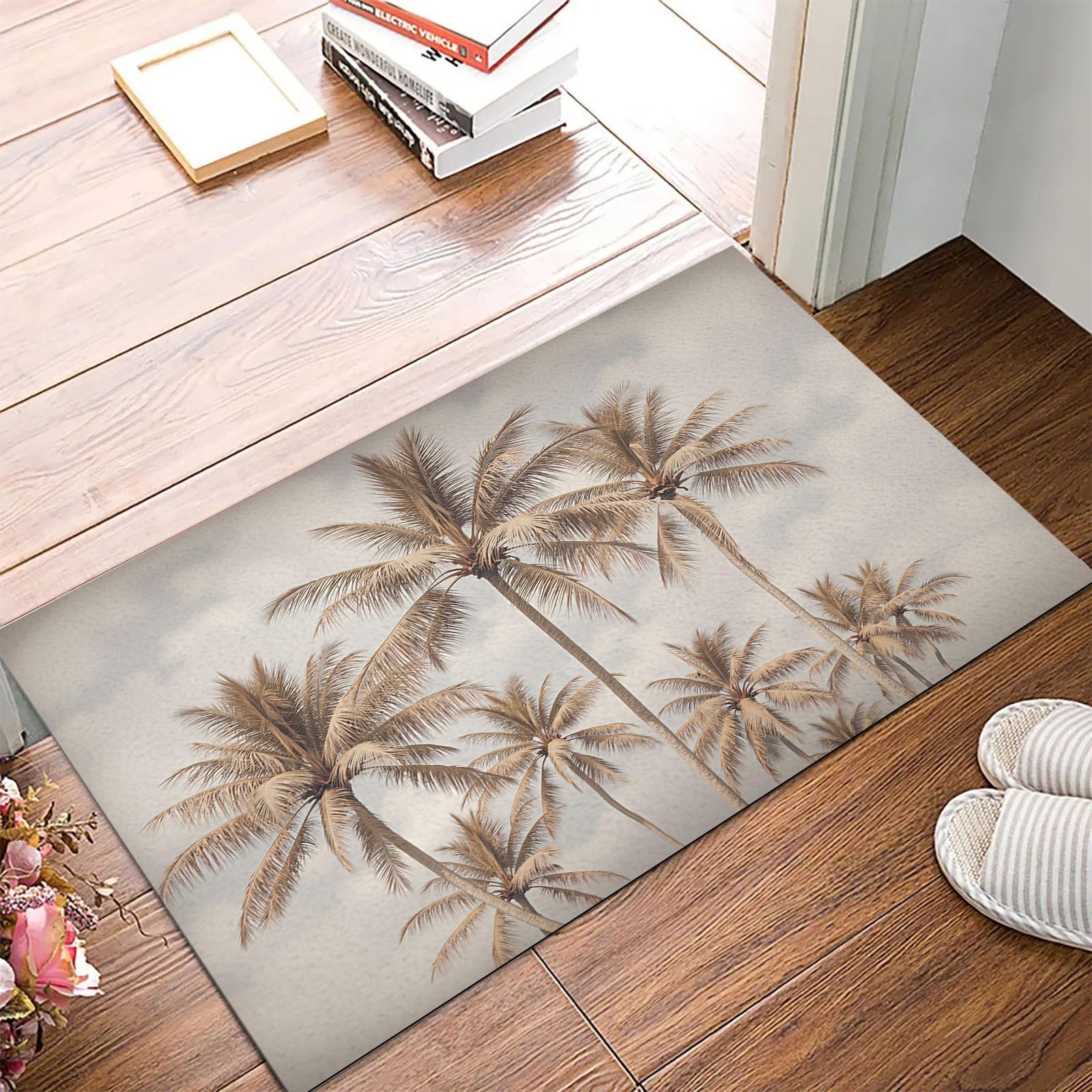 Tapis d'entrée cocotiers célestes vintage 80x120cm pour un accueil chaleureux