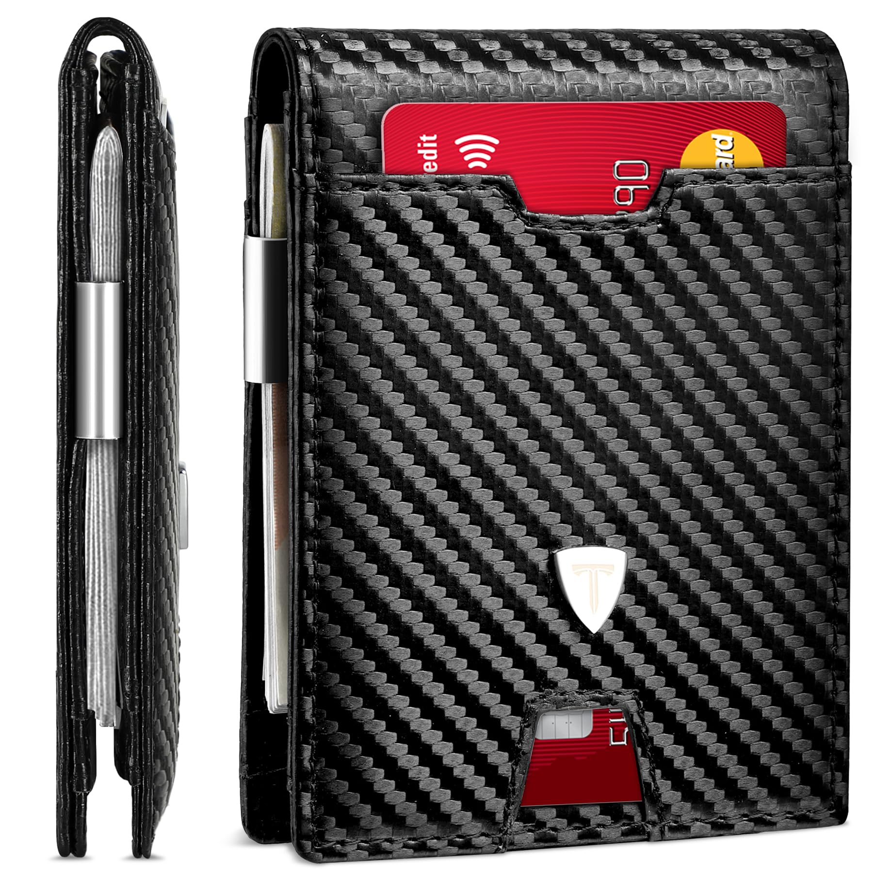 Mens Wallets Slim RFID Blocking, Carbon Fiber Leather Wallet with 12 Credit Card Holder, Strong Money Clip & ID Window Minimalist Bi-Fold Wallets for Men UK with Gift Box (Modern Black)