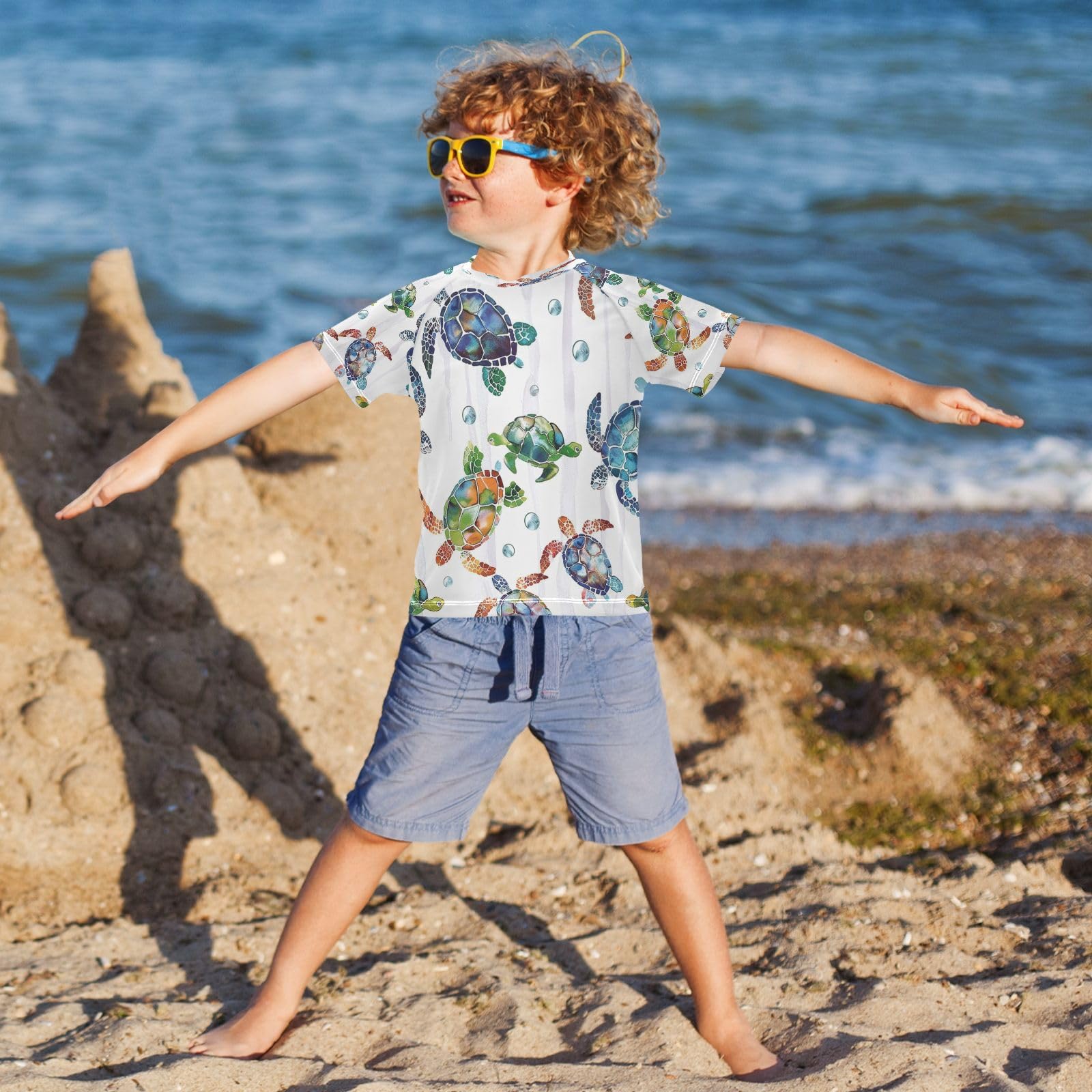Boys Sun Shirts UV Protection Short Sleeve Rash Guard Swim Shirt Sea Turtle Water Shirt Rashguard 7-8T,12