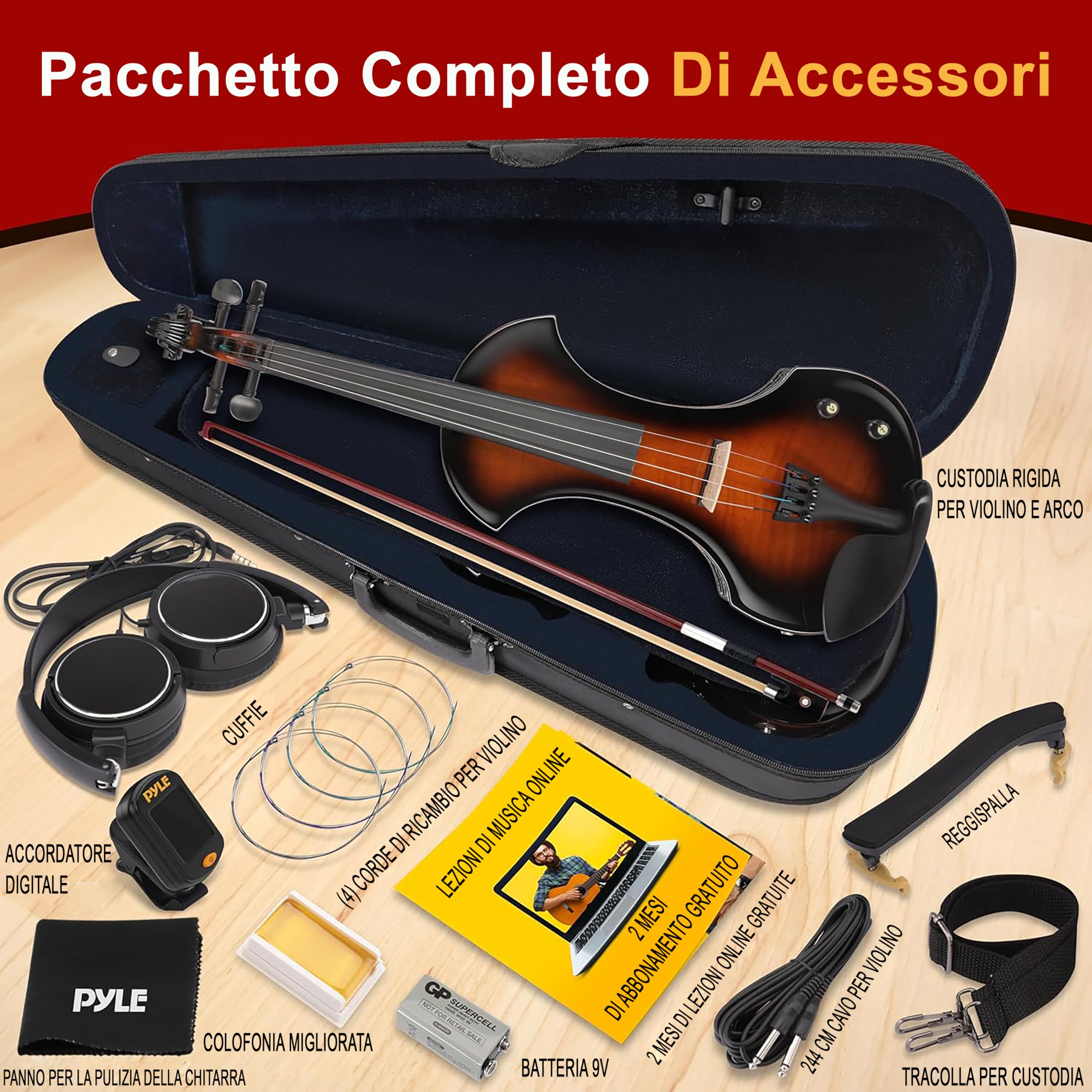 Pyle 4/4 Violino Elettrico Silenzioso con Kit Amplificatore, Violino in Legno Massello con Amplificatore da 10W e Accessori Completi, Strumento a Corde Orchestrale per Principianti e Uso Professionale