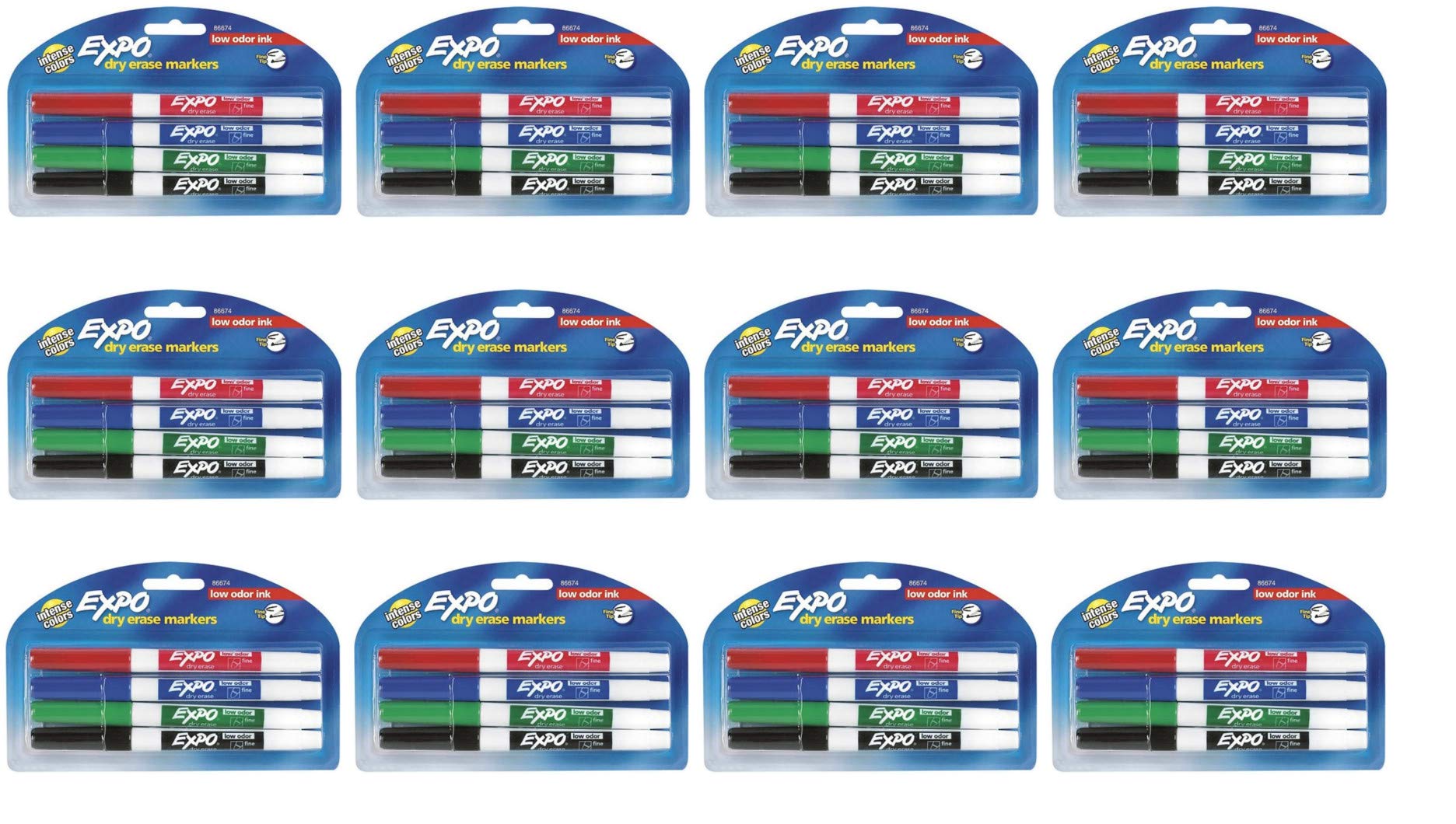 Expo 86674K Low-Odor Dry Erase Markers Fine Point Assorted Colors 12 Blister Packs with 4 Markers Total of