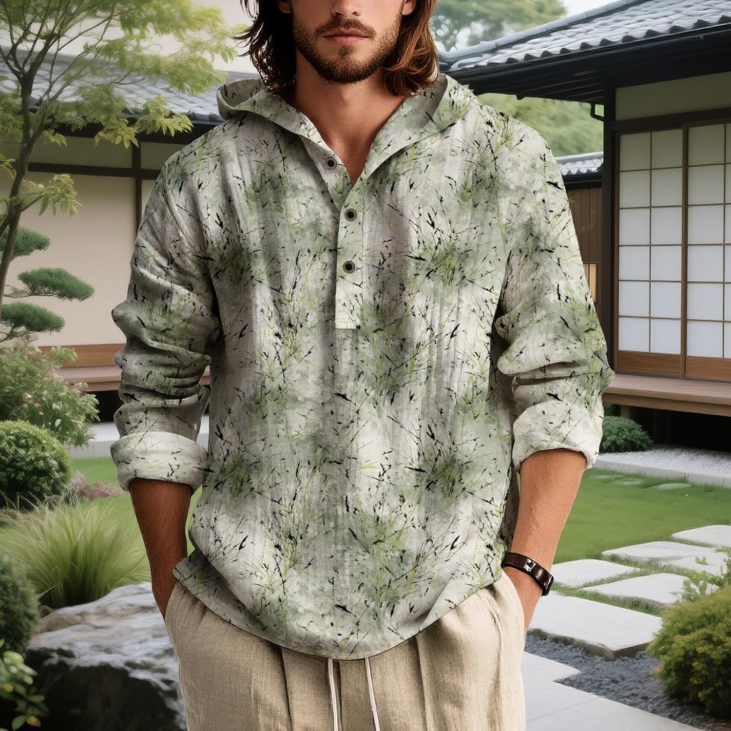 Mens Long Sleeve Hooded Shirt Botanical Print Lightweight Casual Pullover Button Neck Roll Up Sleeves Beach Wear - Image 4