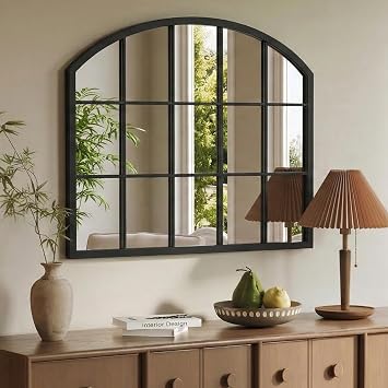 Window Pane Mirror Wall Decor, 32"x24" Wide Arched Mirror, Black