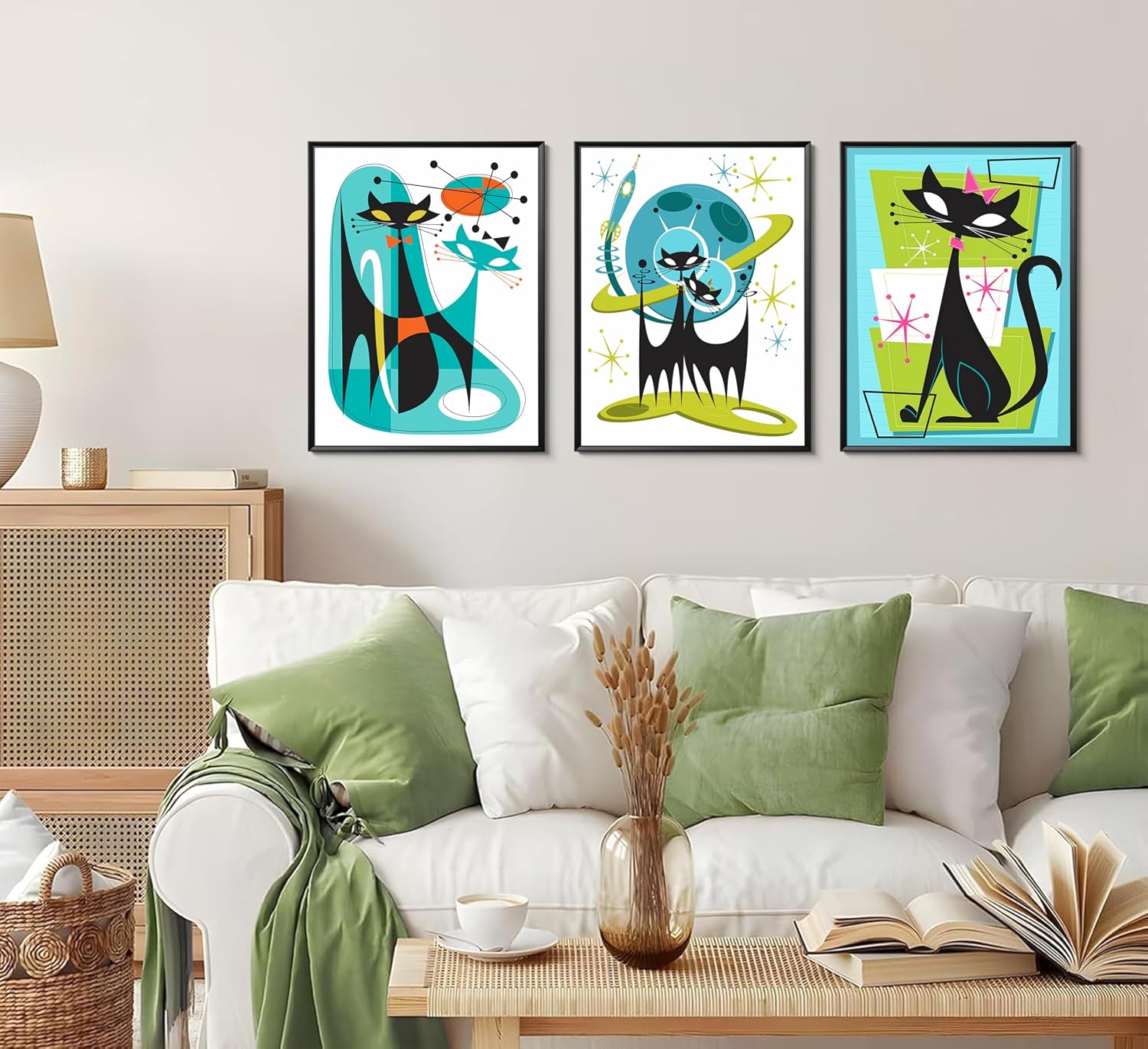 3pcs Atomic Cats Wall Art Mid-Century Modern Retro Futurism Abstract Paintings Set Blue Green Orange Space Decor Pictures Posters Canvas Prints for Living Room Bedroom Office Decoration Unframed
