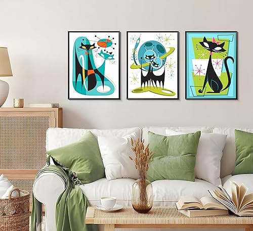 Miniatura 2 de Juego de 3 piezas de arte de pared de gatos atómicos de mediados de siglo, moderno, retro, futurismo, juego de pinturas abstractas, azul, verde,