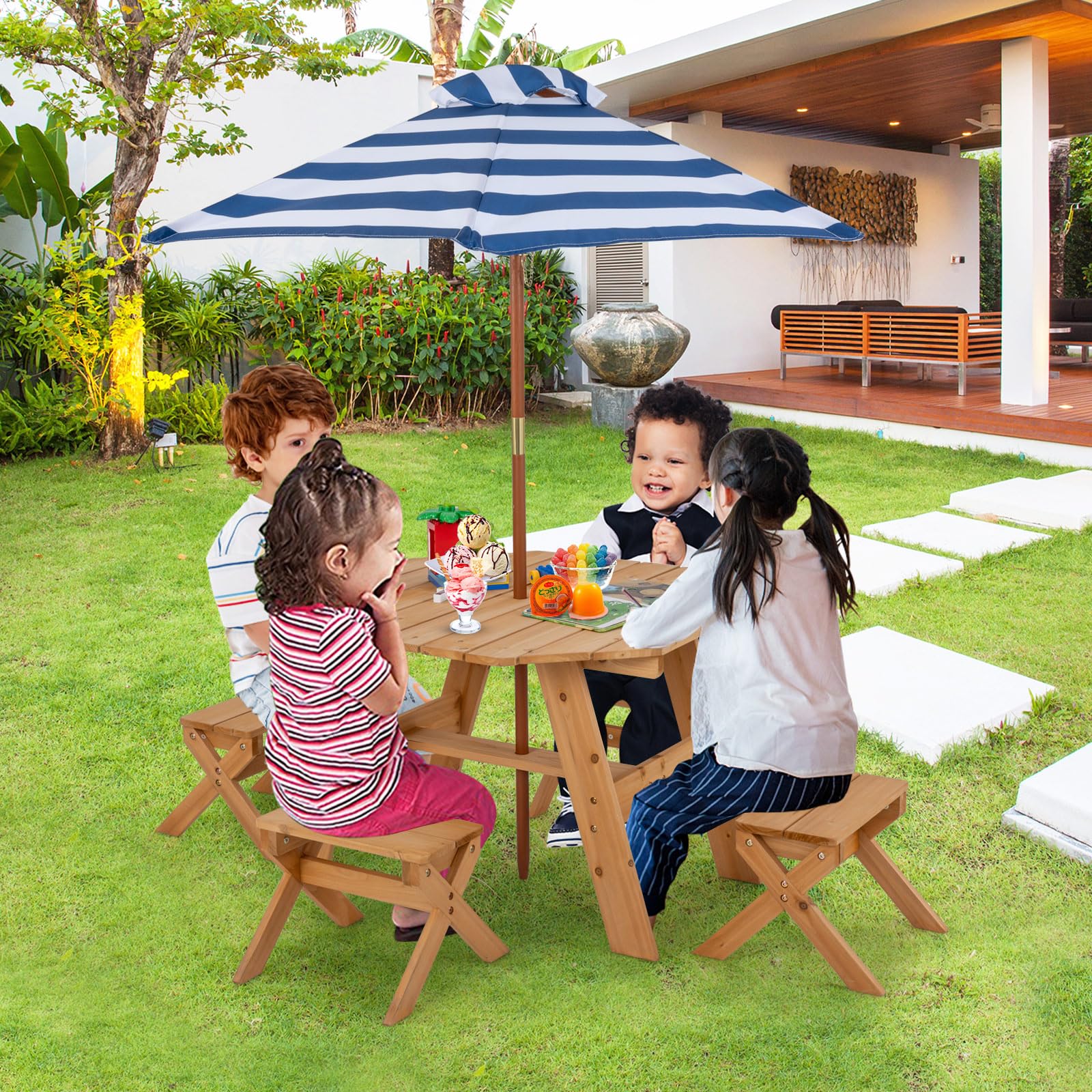 HONEY JOY Kids Picnic Table, Fir Wood Octagon Table & 4 Stool Set, Stripe Fabric Umbrella, Toddler Picnic Table for Outdoors, Children Backyard Furniture for Patio Garden (Natural)