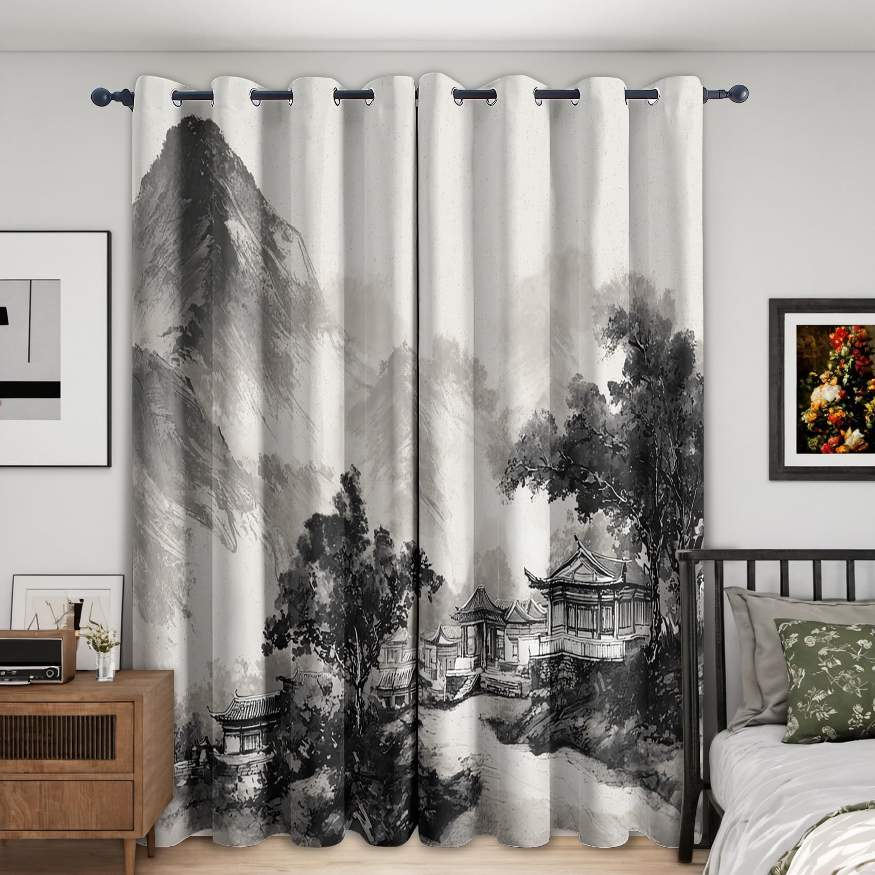 Chinese Oriental Curtains 90x108 Inch 2 Panels, 95% Blackout, Chinese Ink Wash Curtains for Bedroom, Living Room, Home Decor, Thermal Insulated Eyelet Window Drapes YD119