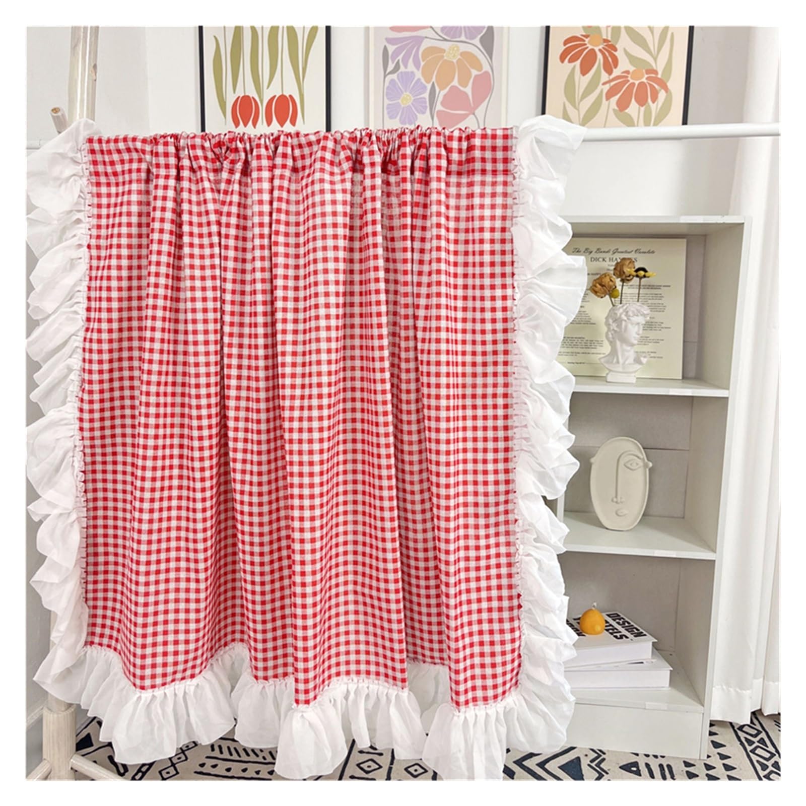 DFGRGRV Ruffle Curtains Sweet Lace Pink Plaid Short Curtains Rural Blue/Orange/Green Lattice Ruffles Half Cloth for Kitchen(Red,W140 X H60 CM)