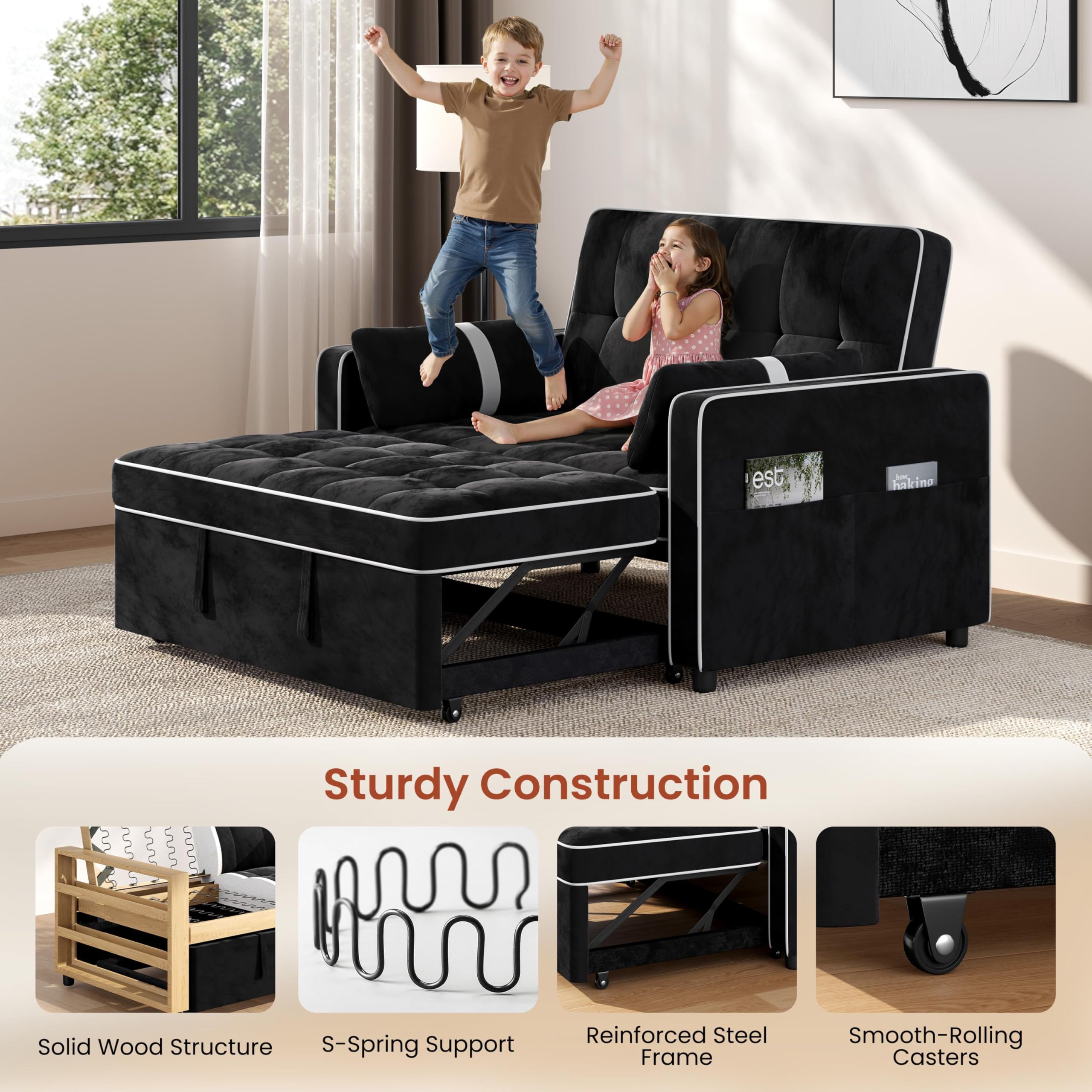 Yaheetech 3 in 1 Sofa Bed Convertible Sleeper Sofa with USB Ports, Black | Velvet Pull Out Couch Folding Loveseat Sleeper, Armrest Pillows, USB Ports, Side Pockets for Living Room Bedroom Apartment