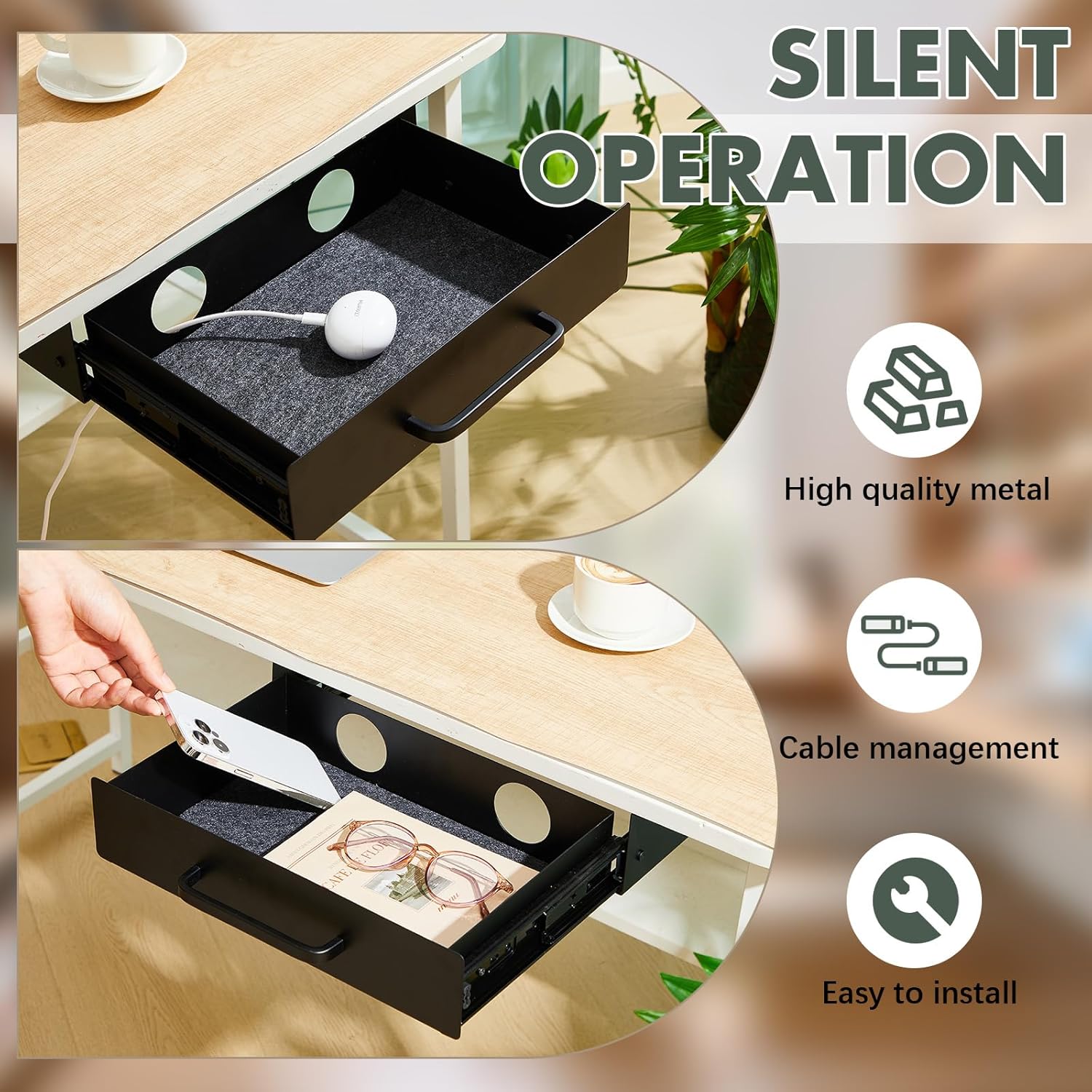 2 Pack Under Desk Slide out Drawer Storage Shelf, Carbon Steel Tray with Mute Felt Sheets, Pull out Organizer for Office Home Workstation Gaming Stand Desk, not easy to break,13×8×2.8 In(Black)