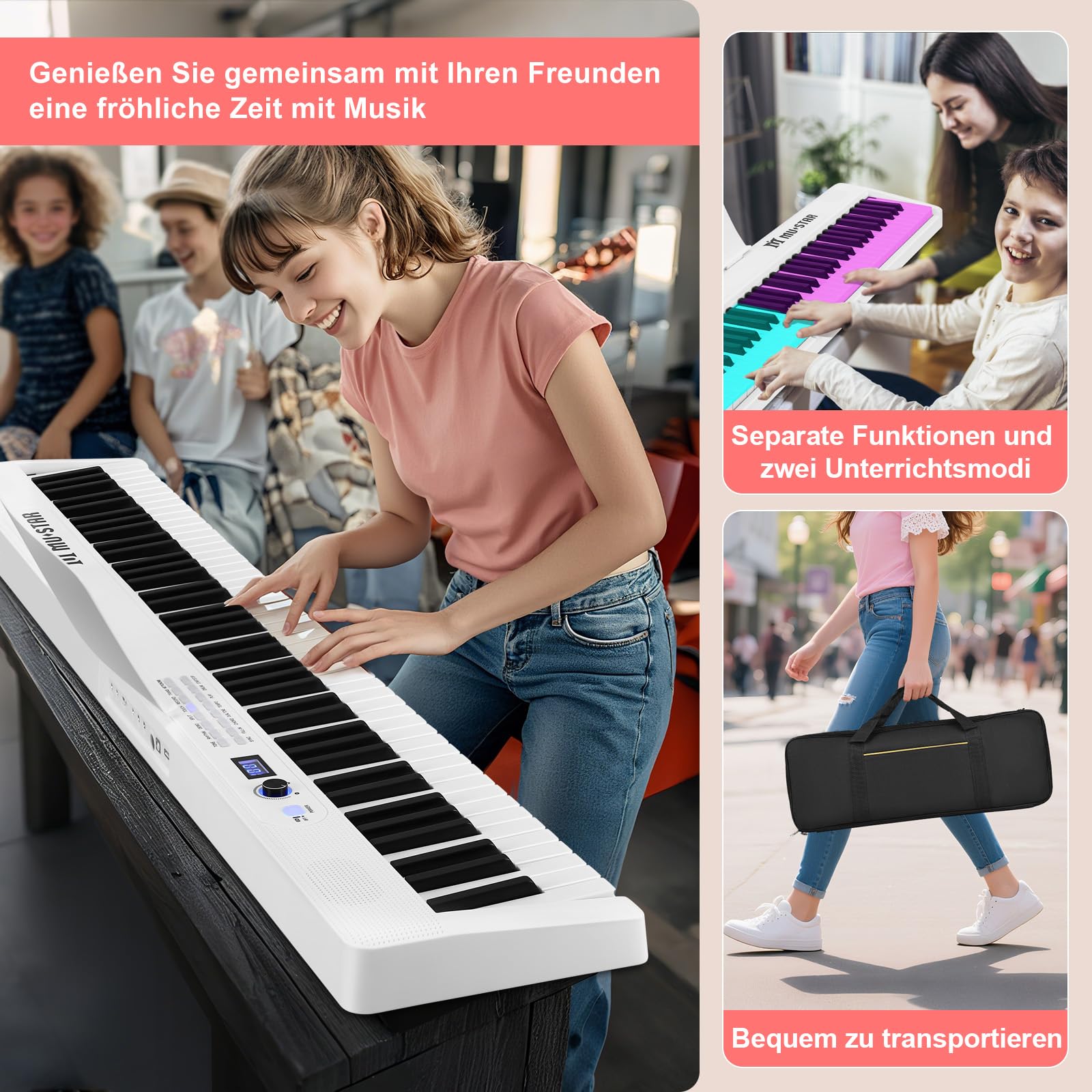 MUSTAR 88 Tasten Faltbares Klavier mit Beleuchteter Tasten, Halbgewichtige Digital Piano, Tragbares E-piano mit Bluetooth, MIDI, Sustain Pedal, Kopfhörer für Anfänger, Weiß