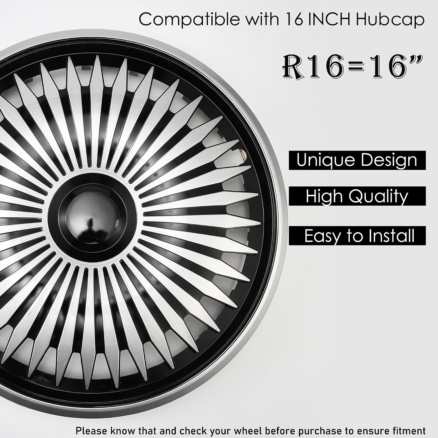 Multi-Spoke Silver with Black Hubcap Wheel Cover Replacement Kit 16" Hub Caps Wheel Rim Cover Car Exterior Accessories Pack of 4, 16 inches