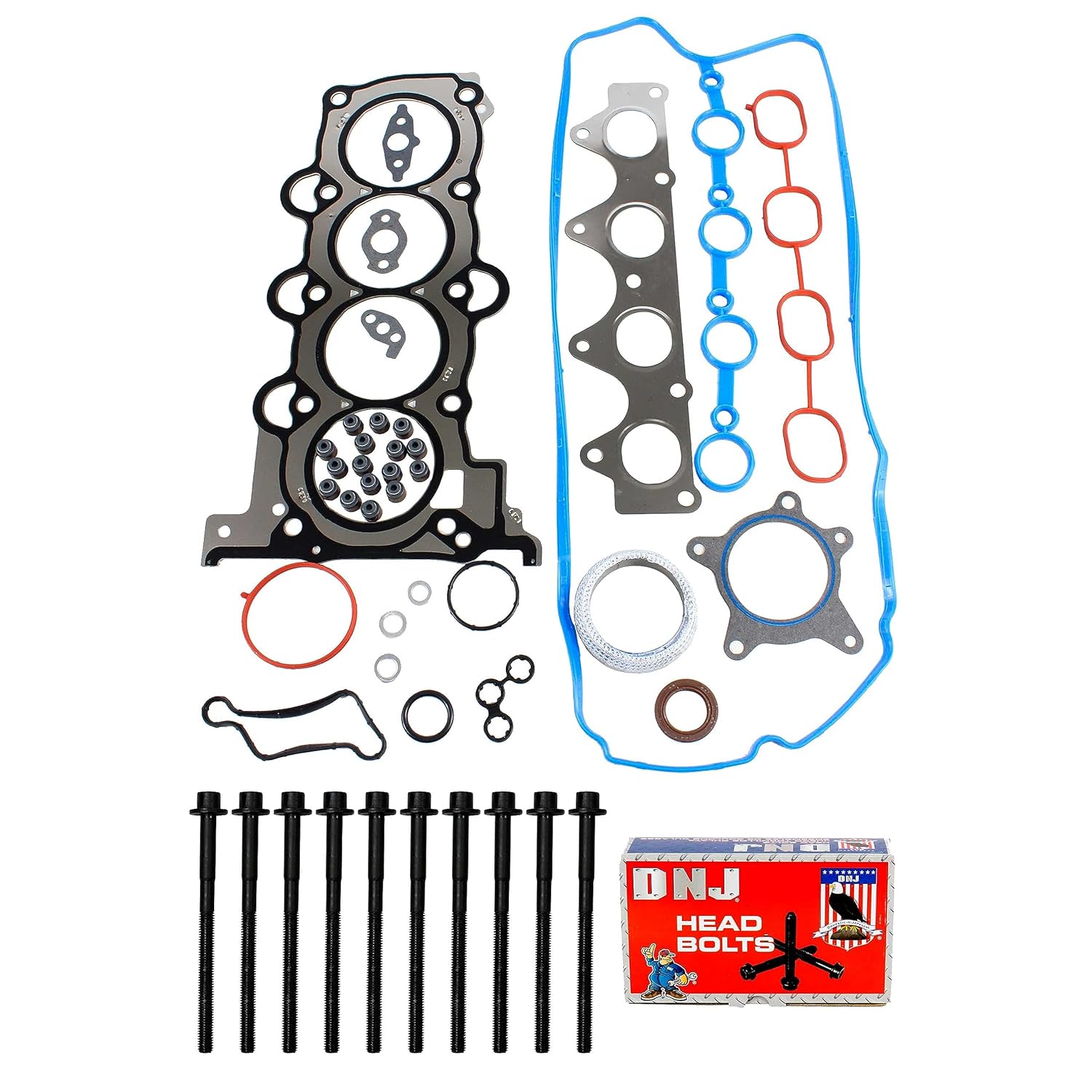 DNJ HGB195 Cylinder Head Gasket Set with Head Bolt Kit for 2012-2019 Hyundai, Kia Accent, Rio, Soul 1.6L L4 16V DOHC 1591cc