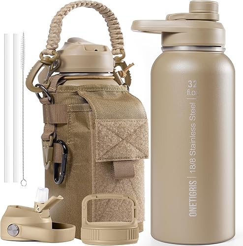 Vista 8 de ONETIGRIS Botella de agua aislada de 32 onzas con pajilla, jarra de agua táctica de acero inoxidable, termo a prueba de fugas, botella deportiva