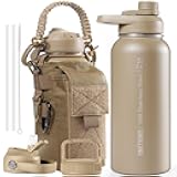 32 oz Insulated Water Bottle with Straw - Tactical Stainless Steel Water Jug, Leakproof Thermos Wide Mouth Sport bottle with 3 Lids and Sleeve for Travel, Gym, Camping, Hiking