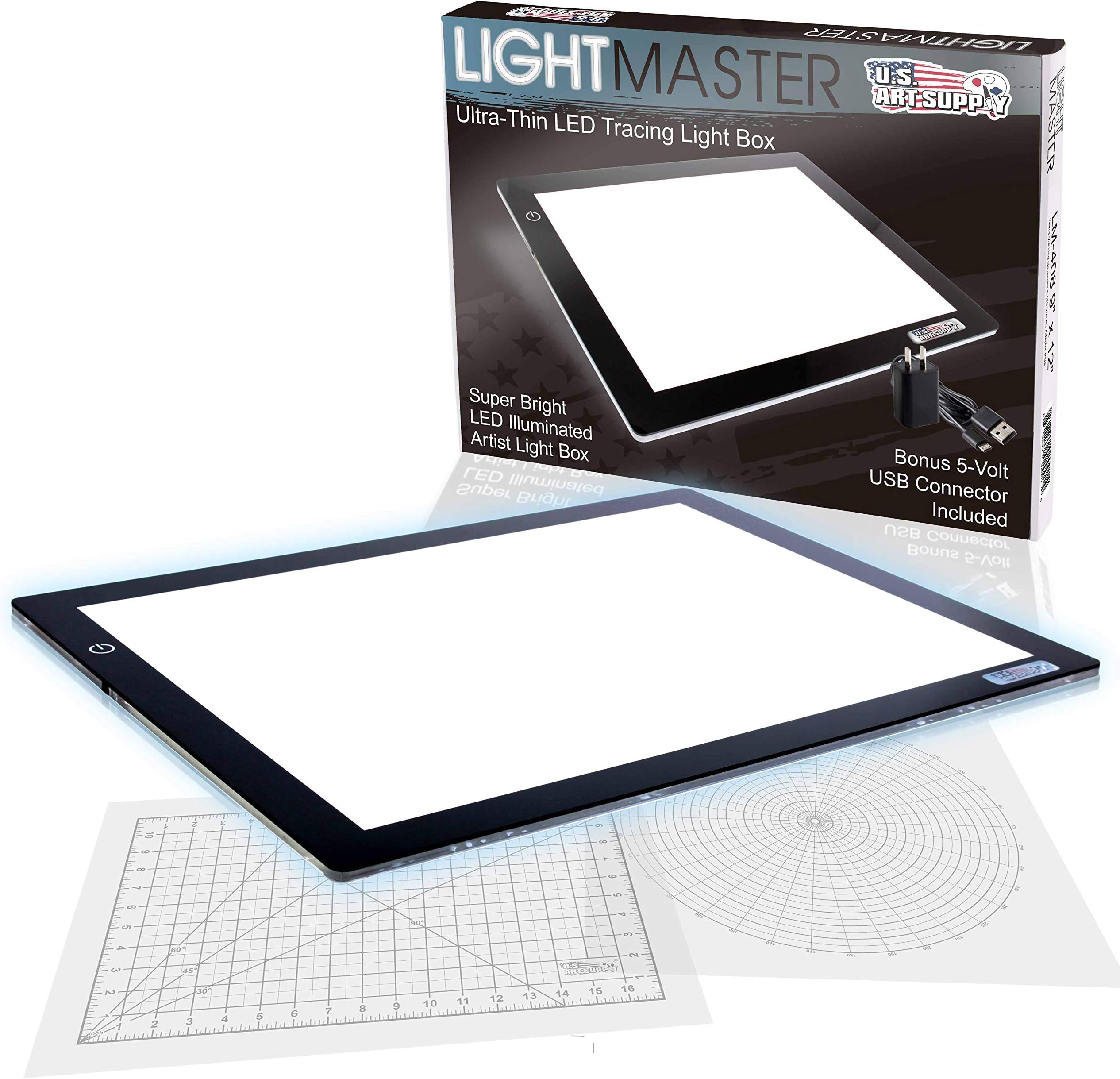 U.S. Art Supply Lightmaster 24.3" Diagonal Professional (A3) 12"x17" LED Lightbox Board 12-Volt Super-Bright Ultra-Thin 3/8" Profile Light Box Pad Dimmable - Measuring Overlay Grid & Circle Template