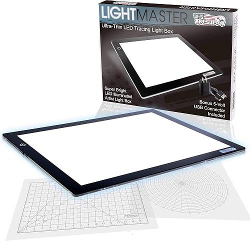 U.S. Art Supply Lightmaster 24.3'' Diagonal Professional (A3) 12''x17'' LED Lightbox Board 12Volt SuperBright UltraThin 3/8'' Profile Light Box Pad Dimmable Measuring Overlay Grid & Circle Template