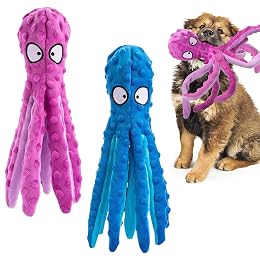 Alphatool Squeaky Dog Toys - 2pcs No Stuffing Octopus Soft Plush Crinkle Toys to Keep Them Busy, Interactive Essentials for Small Medium Pets Dogs Gifts, Blue & Purple