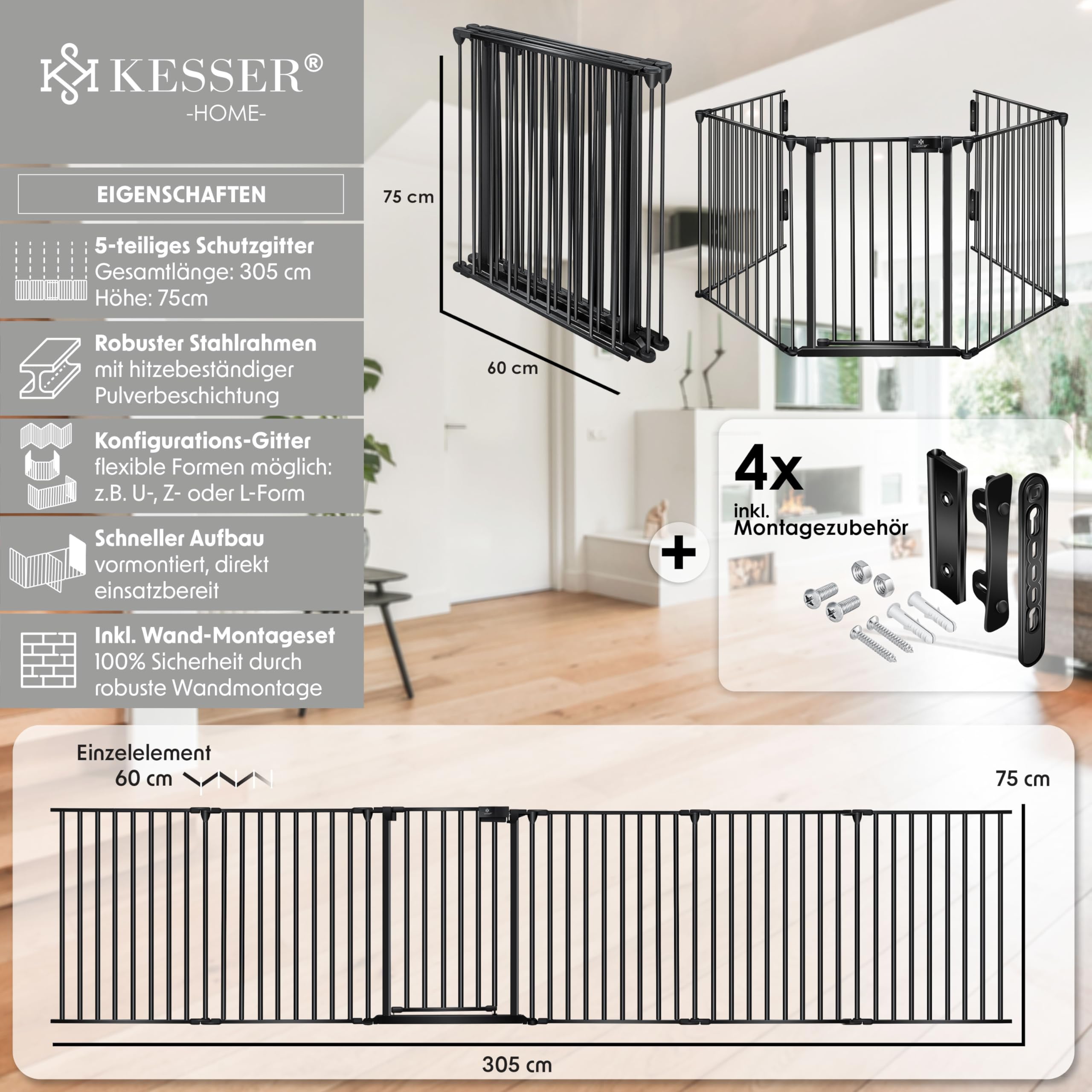 KESSER® Cancelletto di protezione per camino con porta in metallo, per sicurezza per bambini,