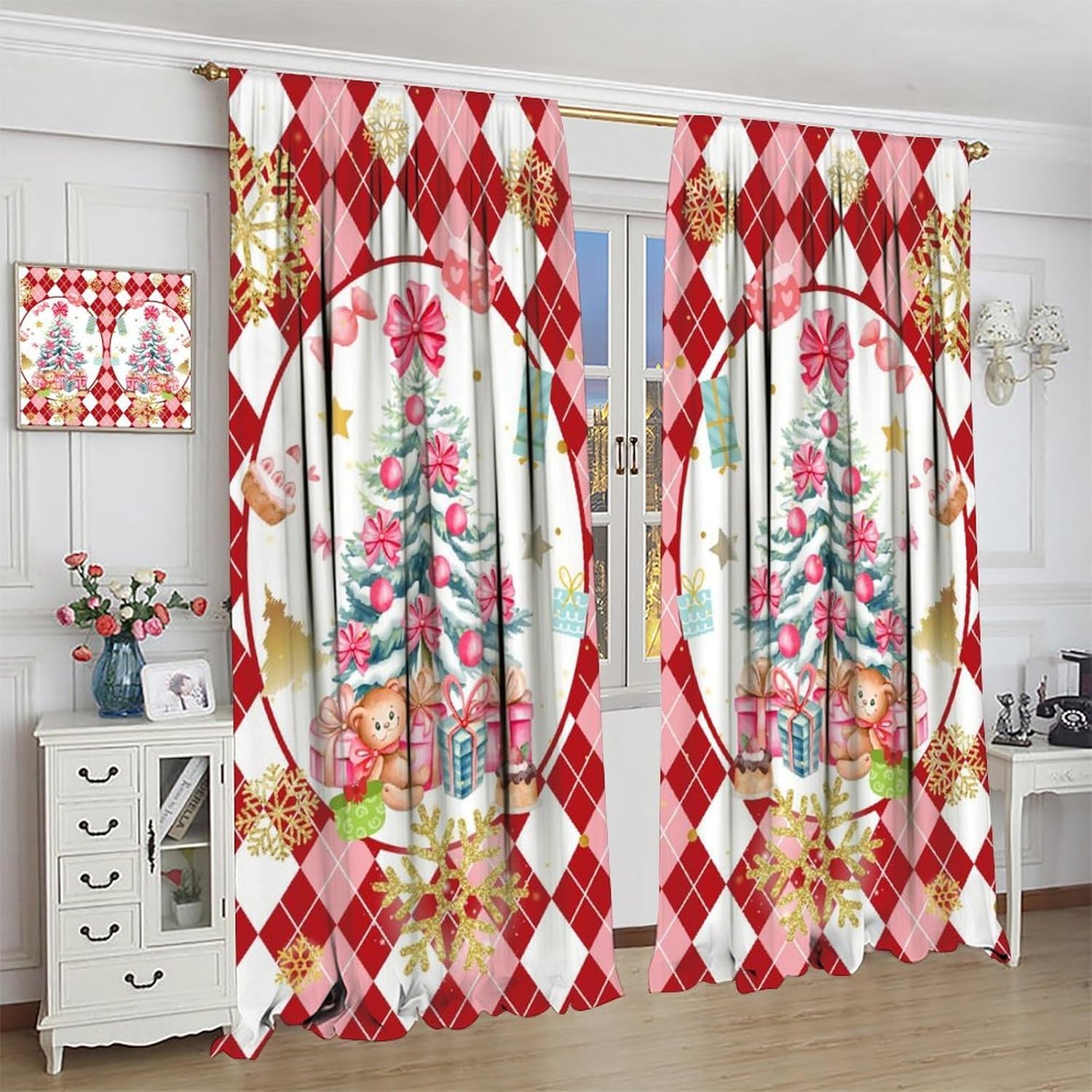 Christmas Girls Curtains for Kids Baby Teens Bedroom Living Room Nursery Home Kitchen Cafe Curtains Merry Christmas Snow Candy Cake Dessert Christmas Tree Cartoon Gift Drapes 2 Panel 42x54 Inch