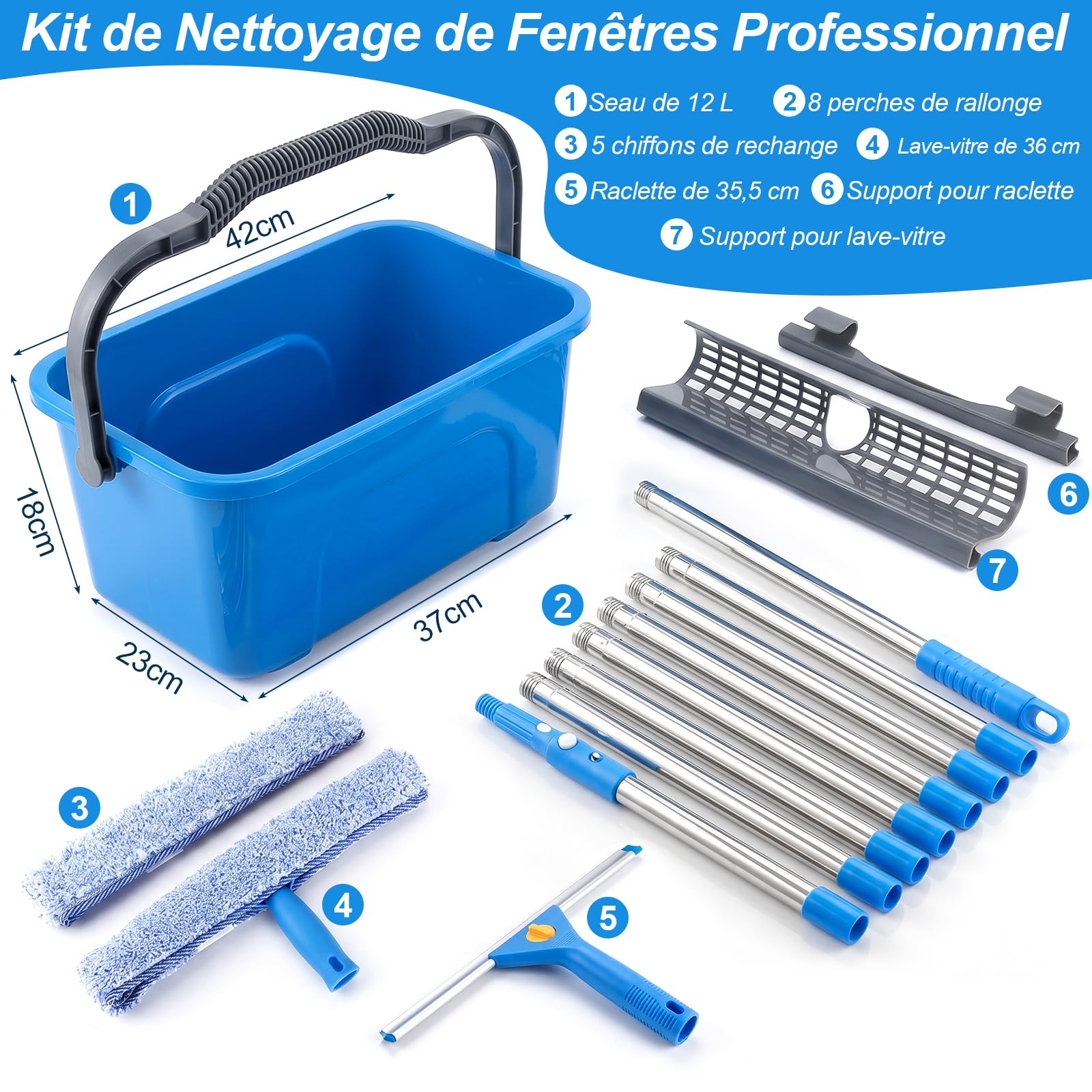 Kit Nettoyage Vitre, 3,1m Lave Vitre Telescopique Inclure Seau 12L