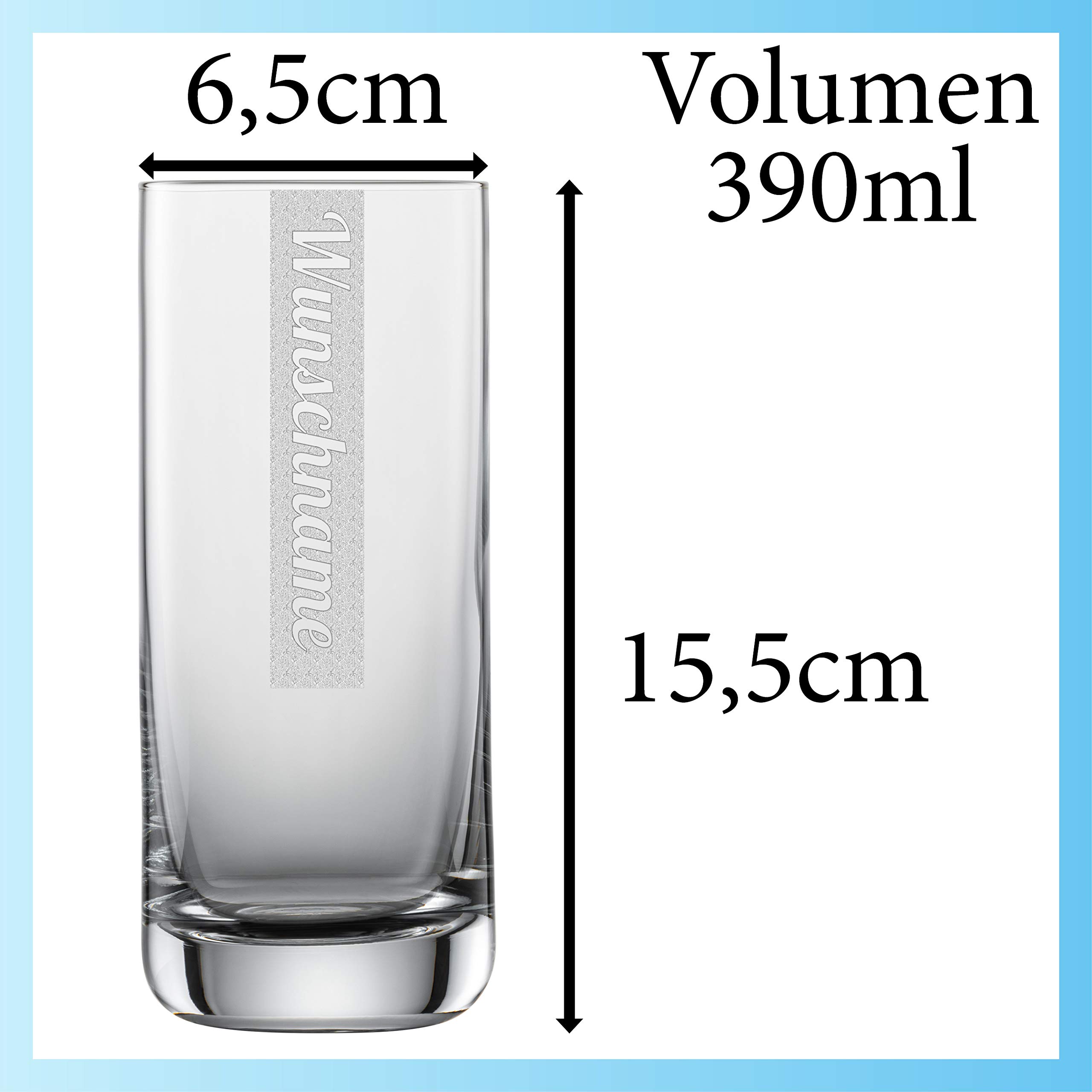 Longdrinkglas 390ml mit Wunschnamen personalisiert 12 Stück | Schott Glas mit Namen | LogoGlas | Spülmaschinenfest | Trinkglas & Individuelle Lasergravur - 12 Stück