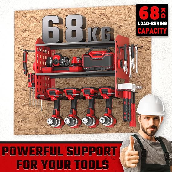 Yeabett 3 Layer Power Tool Storage, Tool Rack for 4 Drill Holders, Heavy Duty Wall Mounted Rack for Garage, Home, Workshop (Red)