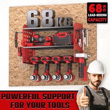Yeabett 3 Layer Power Tool Storage, Tool Rack for 4 Drill Holders, Heavy Duty Wall Mounted Rack for Garage, Home, Workshop (Red)