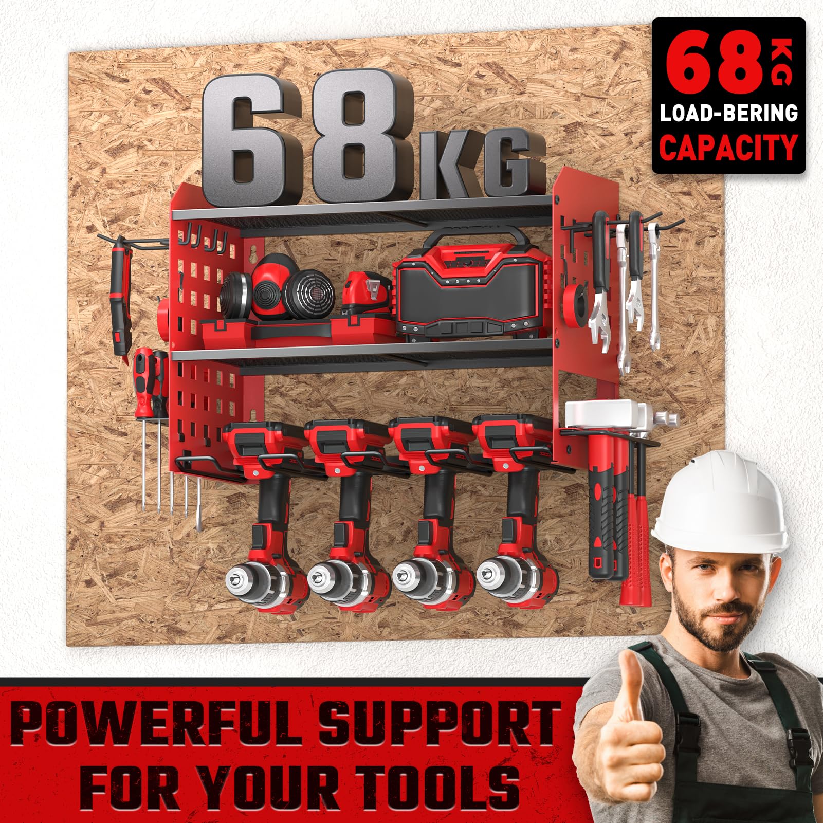 Yeabett Supporto da parete a 3 livelli, per 4 utensili elettrici, supporto da parete per garage, officina, 63 x 20 x 24 cm (rosso)