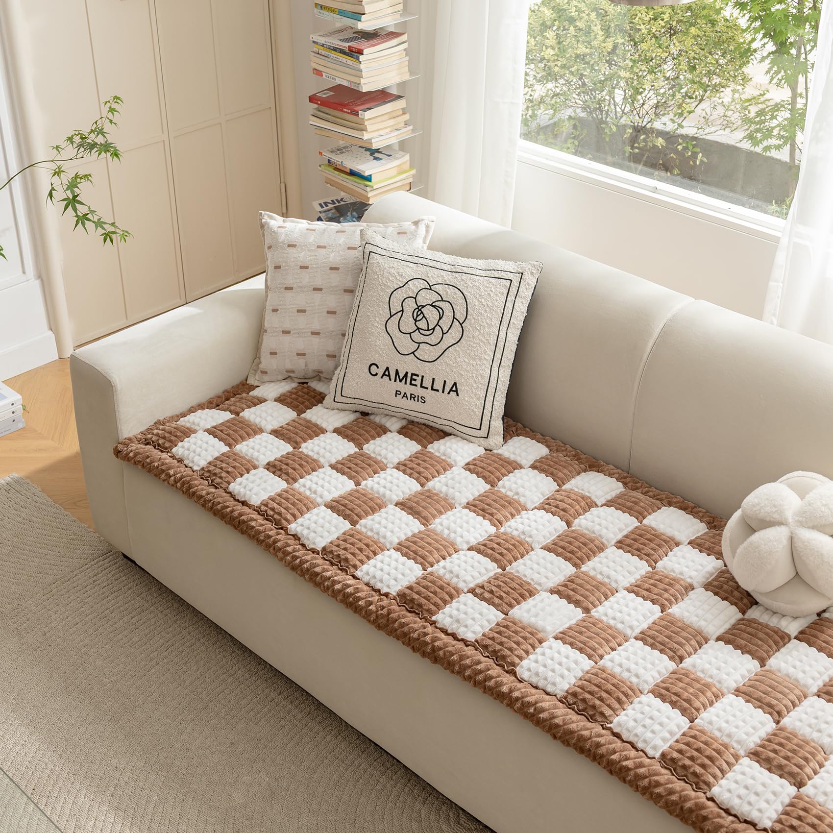 Couchbezug für Hunde, waschbar, flauschiger Haustierbezug für Sofa, Bezüge für 3 Kissen, Couch, haustierfreundlich, rutschfeste Hundebettmatte, Hundedecke, Dunkelkaffee, 70 x 210 cm
