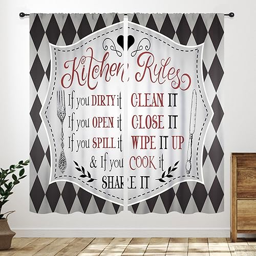 Miniatura 17 de Cortinas Rústicas de Cocina, Tenedor Cuchara Retro Tablón de Madera Granja País Tema de Cocina Citas Divertidas Tratamiento de Ventana para