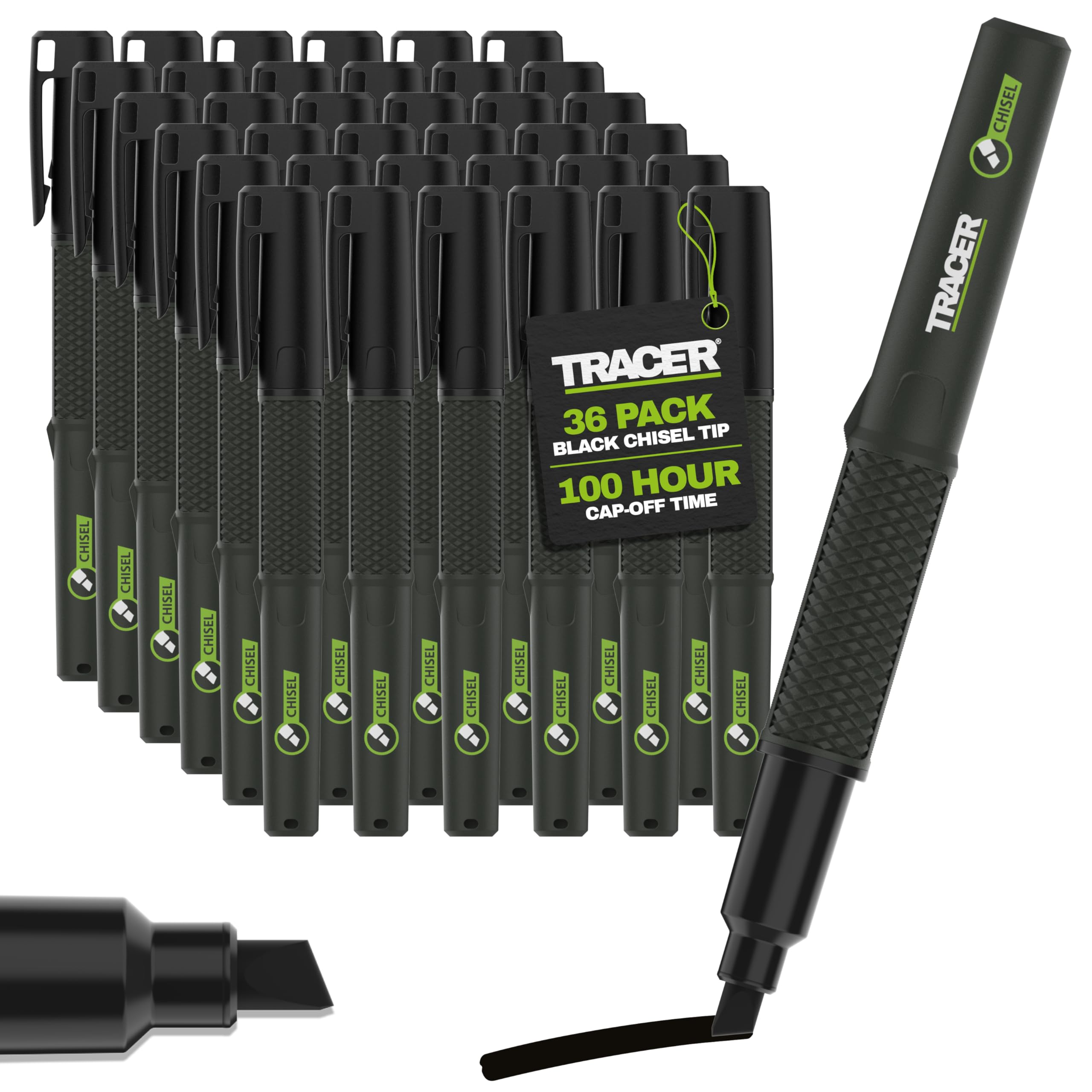 Tracer 2.0 Chisel Tip Black Permanent Marker Pens x 36-100hr Cap-off time, Fast-drying Black Marker Pens x 36