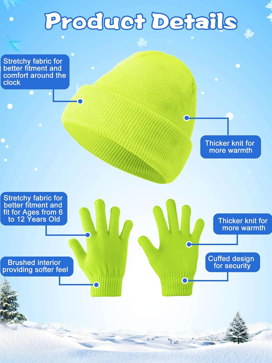 Funtery 48Pcs Kids Winter Beanie and Gloves Set Bulk Pack Knit Hat Unisex Magic Gloves Pack Winter Gift for Boy Girl Donation - Image 6