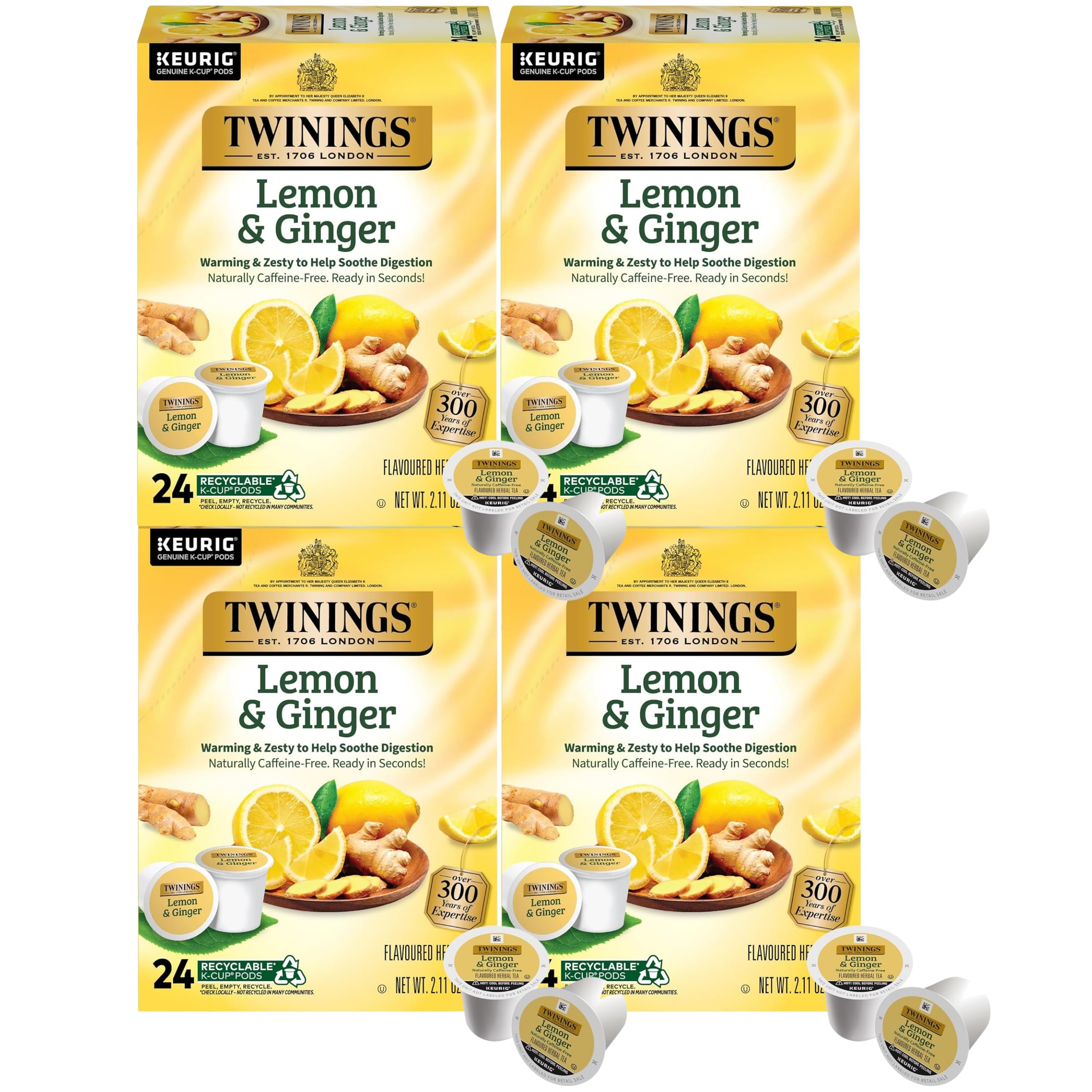 Twinings Lemon & Ginger Herbal Tea K-Cup Pods for Keurig, 24 Count (Pack of 4), Naturally Caffeine-Free, Enjoy Hot or Iced