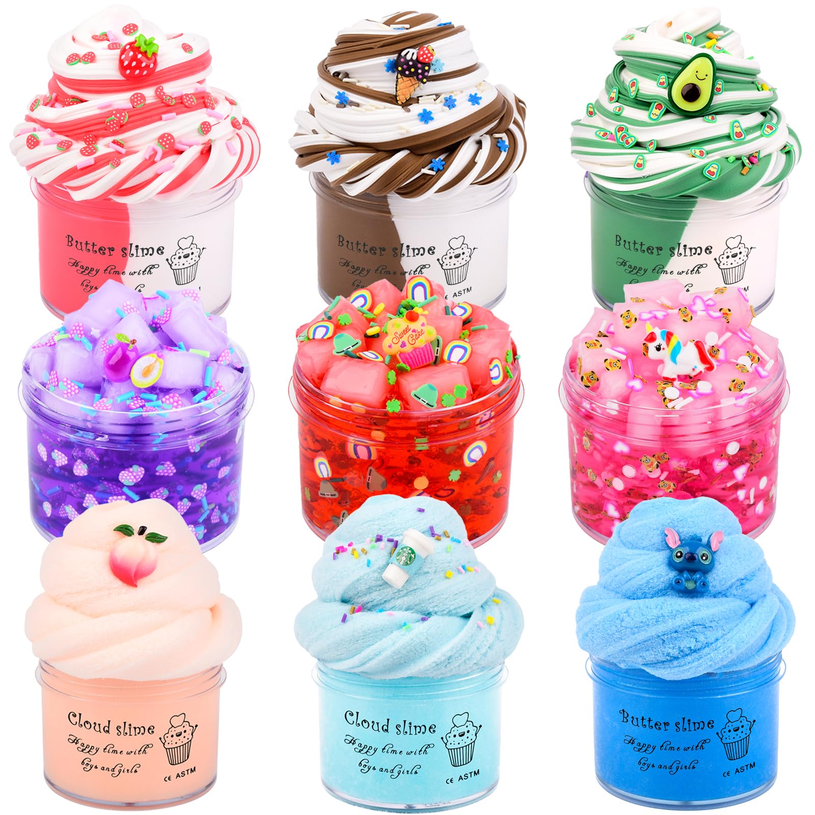 9 Pack Slime Kit, with 3 Jelly Cube Crunchy Slime 3 Cloud Slime 3 Butter Slime, Crystal Slime Kit Toy, Soft and Non-Sticky for Girls Boys Party Gift, Super Cute Stress Kids Relief Toys