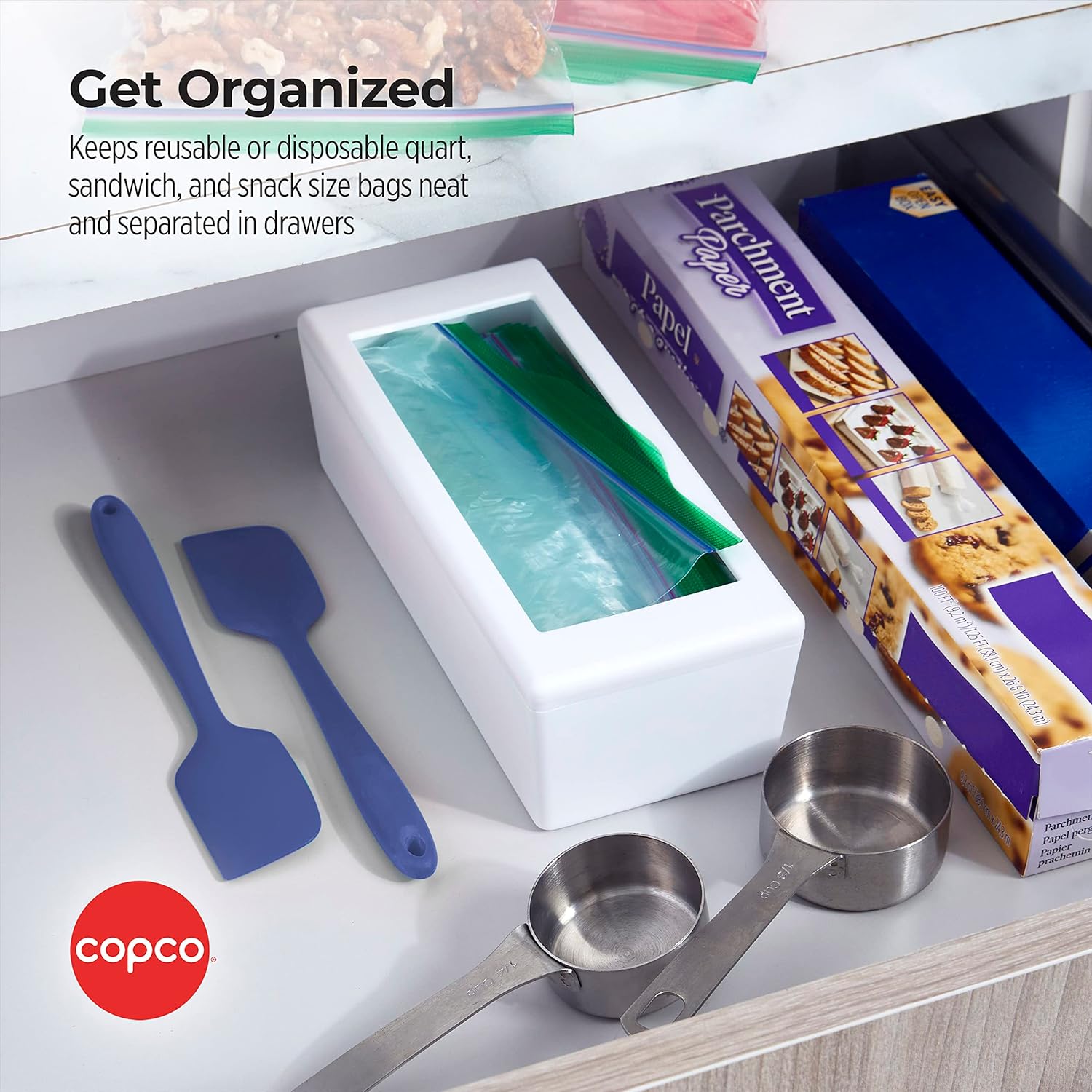 Copco White Quart, Sandwhich, or Snack Size Reusable and Disposable Storage Bag Organizer, with Removable Lid and Multi-Configuration - Image 5