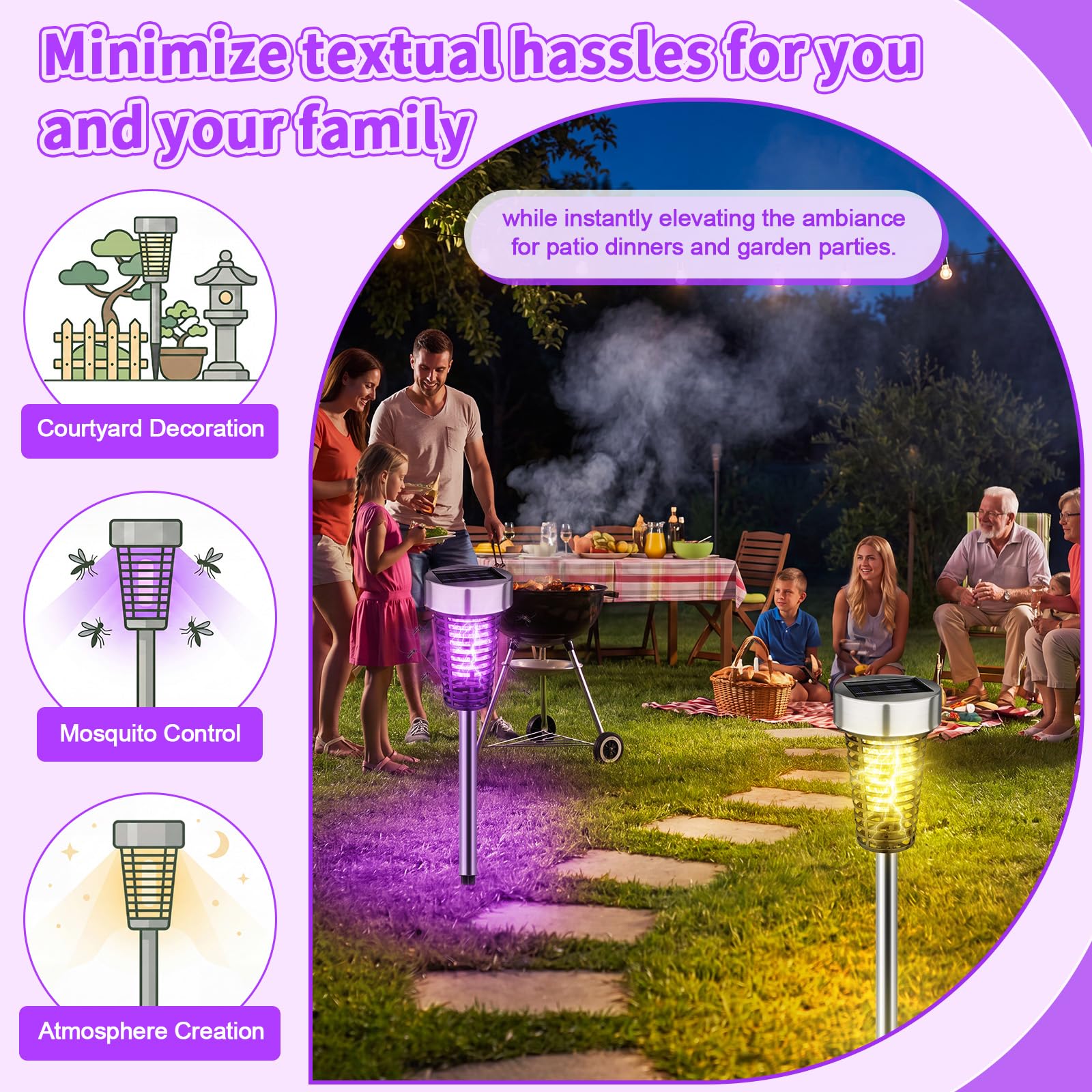 Qualirey 12 Stück Solar Insektenvernichter für den Außenbereich, Violett und warmes Licht, Silber | Mückenschutz Solarbetrieben Wasserdicht LED Licht Lampe Fliegeninsektenvernichter für Outdoor Terrasse Hof Garten Rasen