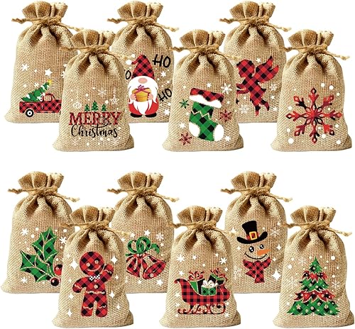 Miniatura 8 de CCINEE 36 bolsas de arpillera de Navidad, 4 x 6 pulgadas con cordón de arpillera de Navidad, bolsas de dulces de regalo con doble cordón de yute,