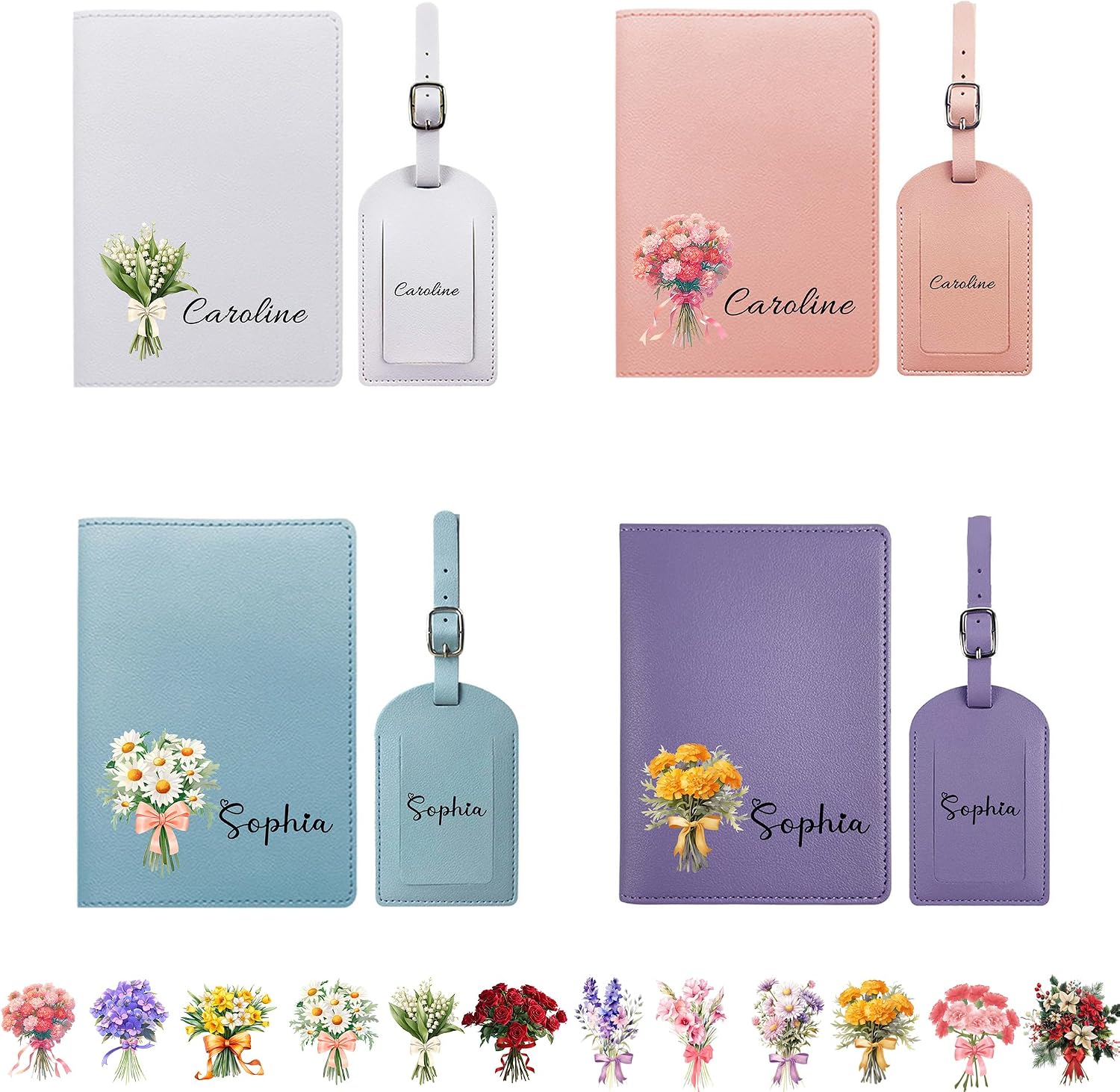 Personalized Passport Holder & Luggage Tag Set with Custom Name and Birth Flower, Leather Passport Cover and Travel Suitcase Tags 2 Pieces Set Travel Gift