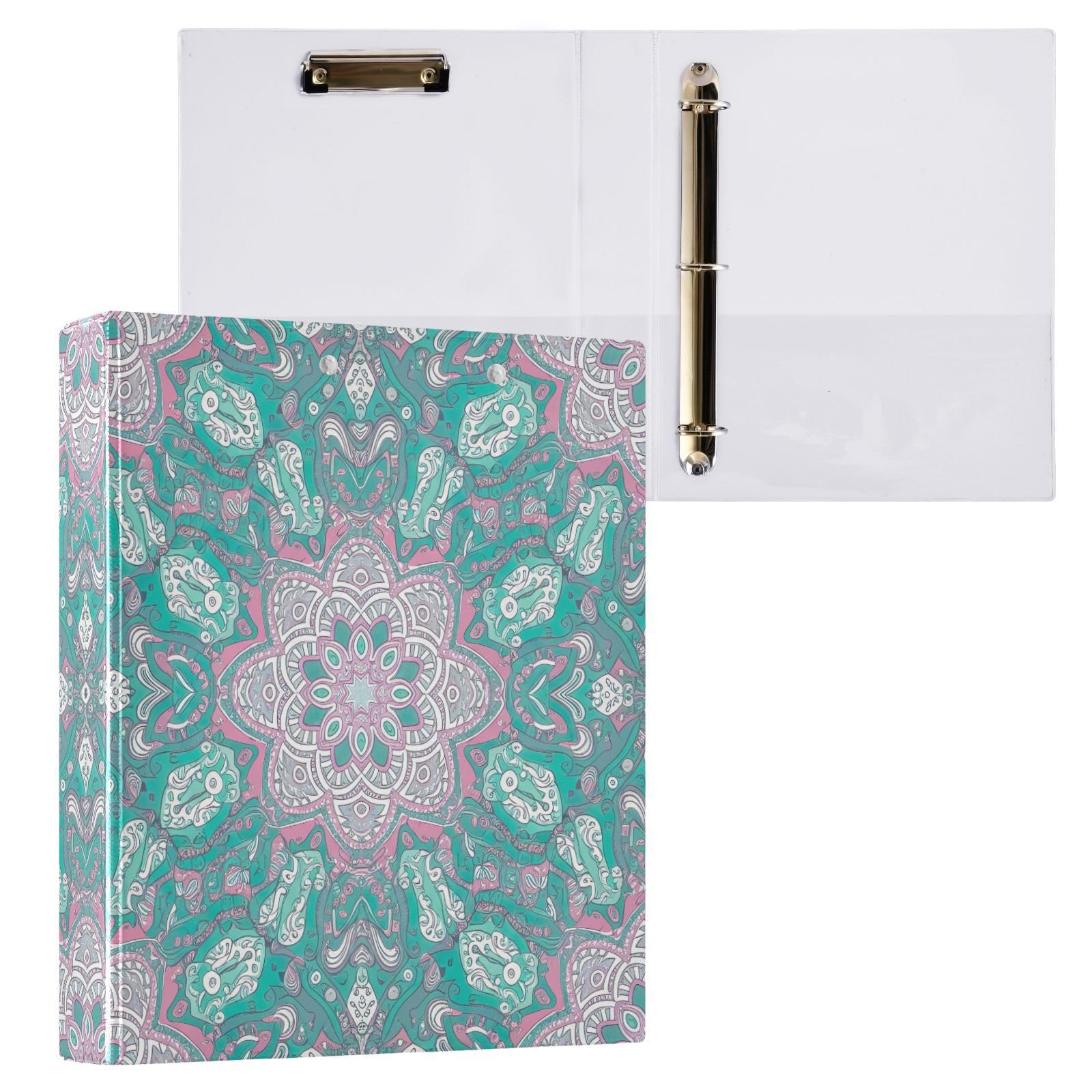 Confezione da 2 raccoglitori ad anelli con 3 anelli, motivo mandala, blu foglia di tè, con portablocco, grandi raccoglitori a 3 anelli, per scuola, università, ufficio