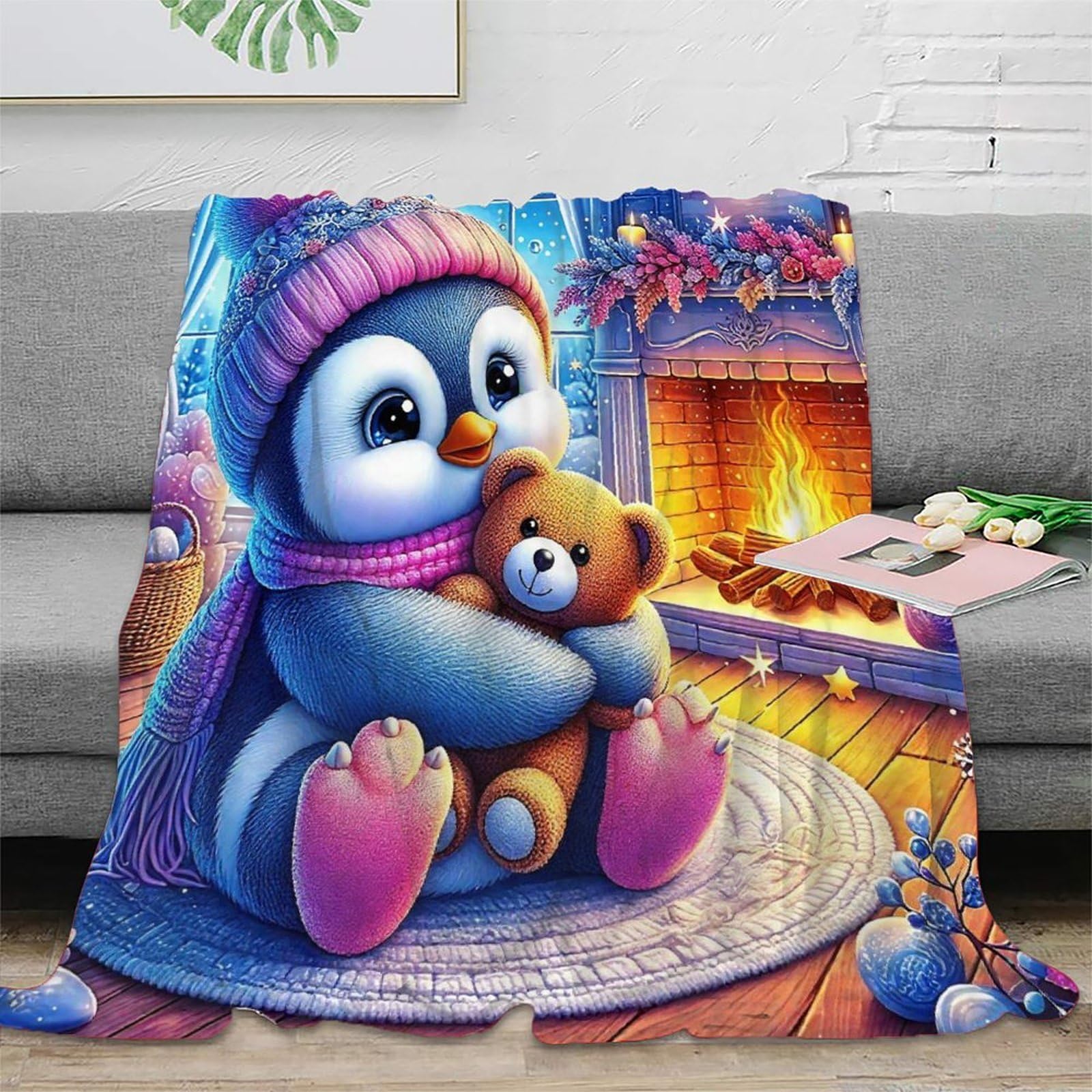 Couverture pingouin 3D en microfibre douillette et chaude pour lit 127x152 cm
