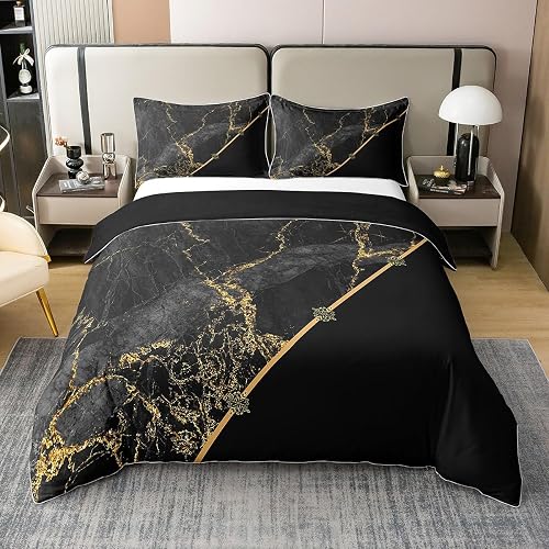 Parure de lit 100 % coton - Motif marbre noir - 135 x 200 cm - Texture marbrée d