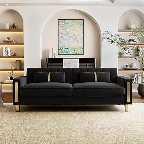 Miniatura 7 de Juego de 2 sofás para sala de estar, sofá de 2 plazas de 86" de terciopelo beige con 4 almohadas y patas de metal dorado, sofá tapizado moderno para