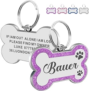 Personalized Glitter Dog ID Tag - Custom Engraved Name for Dog & Cat Collar Charms Lost Pet Recover, Polished Stainless Steel Bone ID Tag with Dazzling Sparkle Finish