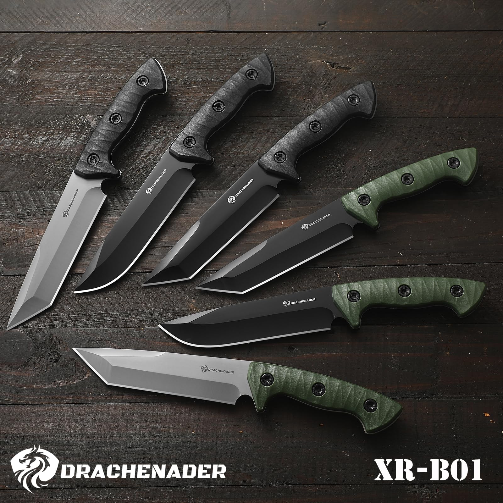 DRACHENADER XR-B01 Coltello da caccia con fodero - Full Tang Outdoor Messer, lunghezza totale 25,7 cm, manico in ABS, Full-Schwarz, Può essere indossato incrociato sulla cintura