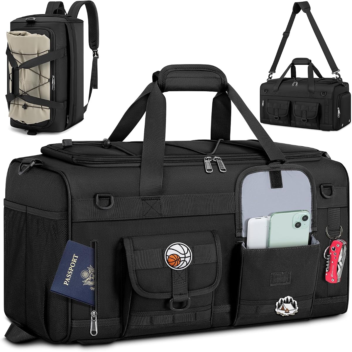 RAINSMORE 3 in 1 Gym Bag for Men, 45L Large Sports Duffle Bag with Shoe Compartment and Wet Pocket, Water-Resistant Tactical Backpack Carry On for Travel, Workout & Military Gear, Black