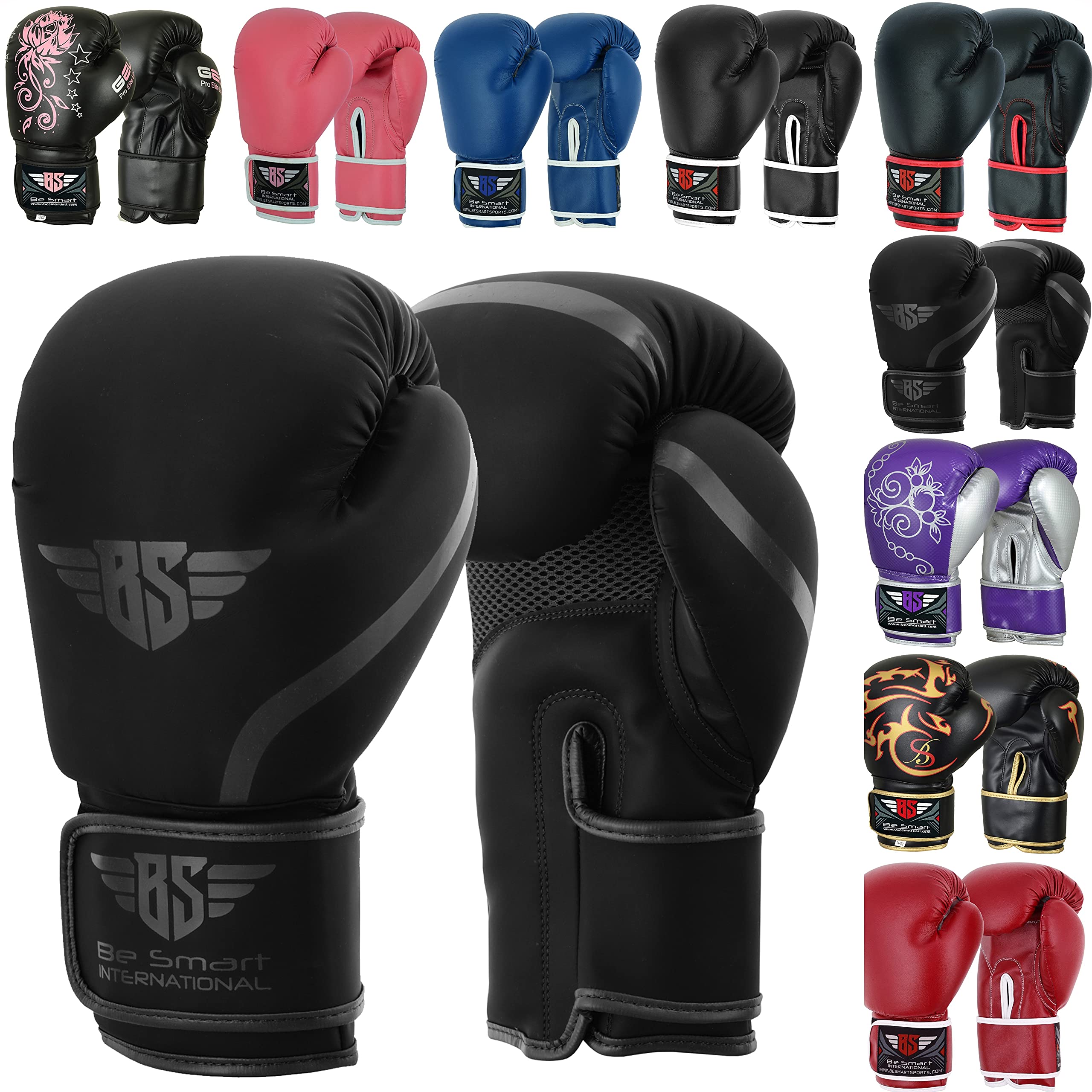 Be Smart Kids Boxing Gloves 4-15 Years 4oz 6oz 8oz Training Gloves for Women & Children Sparring Youth Boxing Gloves Junior Training Mitts PU Leather MMA Muay Thai Kick Boxing (6oz, Matt Black)