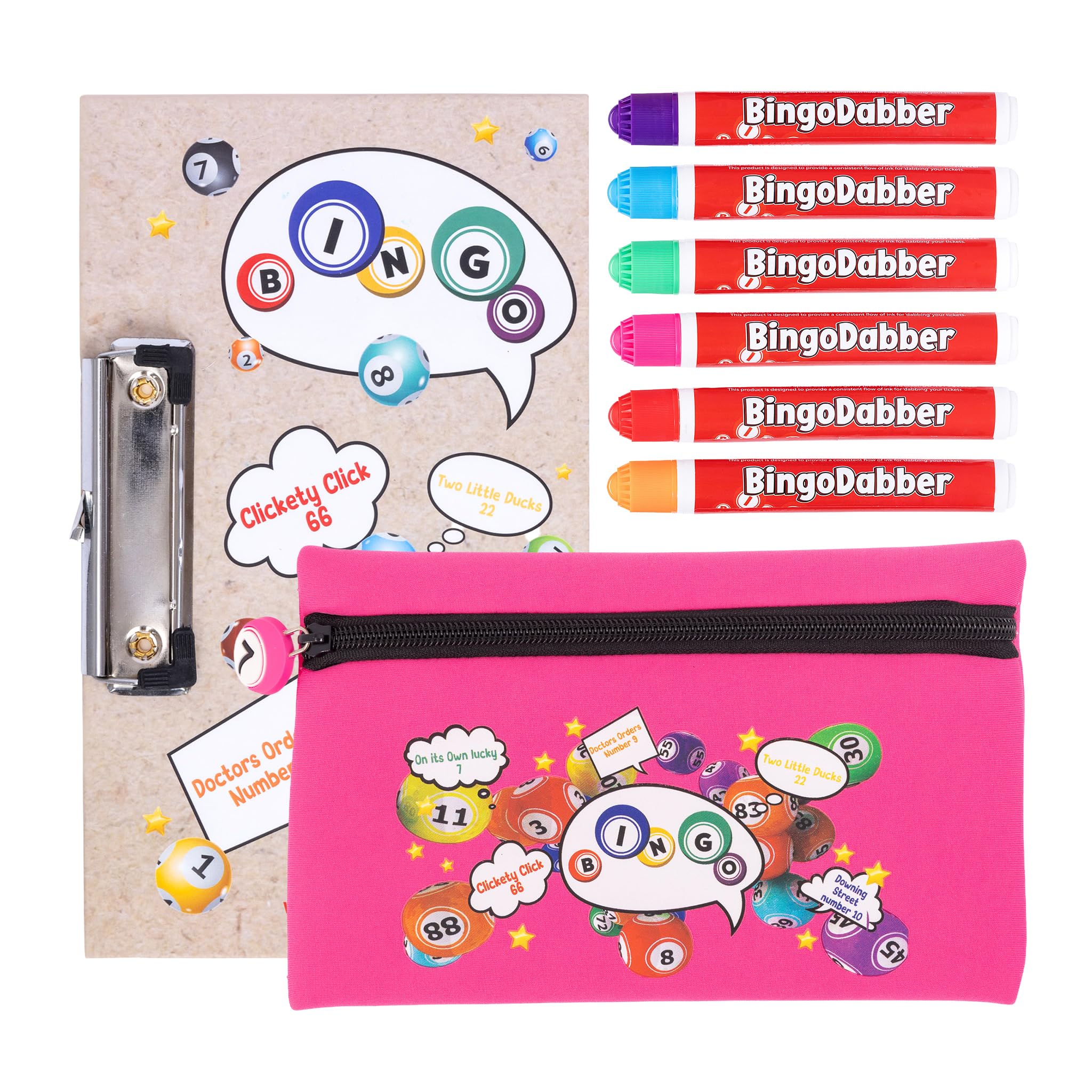 evelay Bingo Dabber Case Holder Gift Set | 6 Bingo Dabbers | 1 Board with Clip | Bingo Storage Bag with Lucky Number Zip Pull | Non-Drip 20ml Ink | 6 Colour Options | Gift for Bingo Lovers