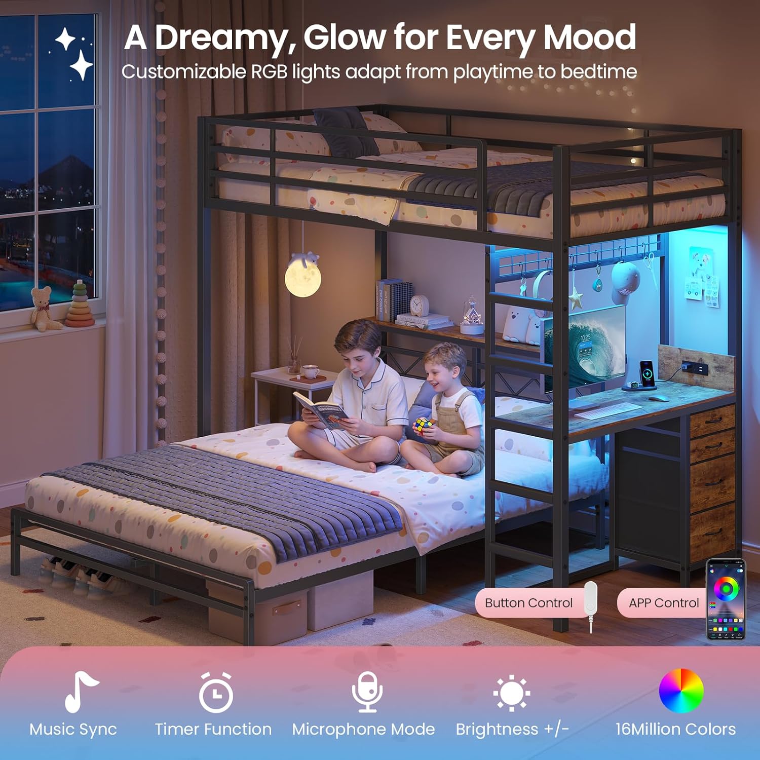 Twin Over Full Size Bunk Bed with Desk, 4 Storage Drawers and Practical Headboard, Bunk Bed for Kids/Teens with Charging Station & LED Lights, Heavy-Duty Metal Bed Frame with Safety Guardrail & Ladder