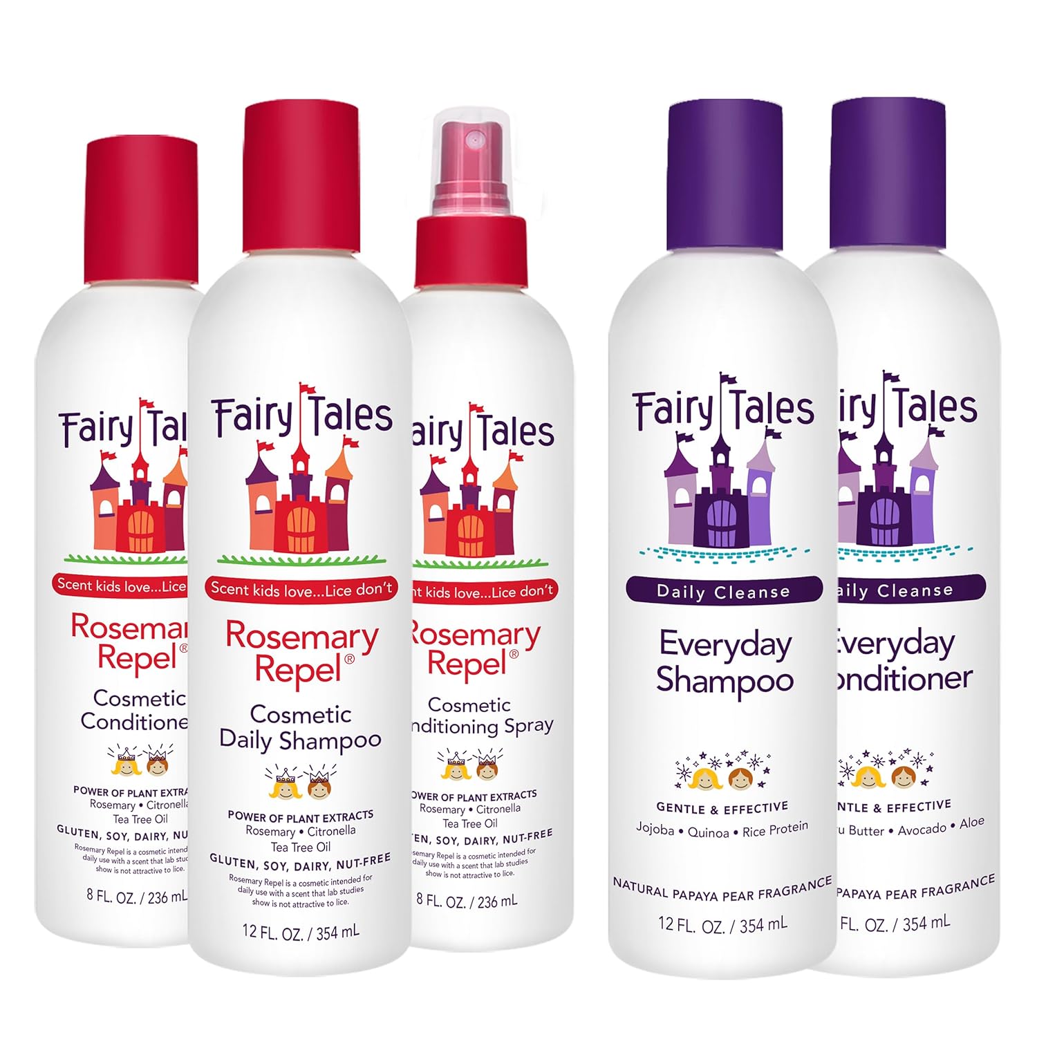 Fairy Tales Rosemary Repel Shampoo 12oz, Conditioner 8oz, Conditioning Spray 8oz, plus Daily Cleanse Shampoo 12oz, and Daily Cleanse Conditioner 12oz | Everyday Kids Shampoo and Conditioner Bundle